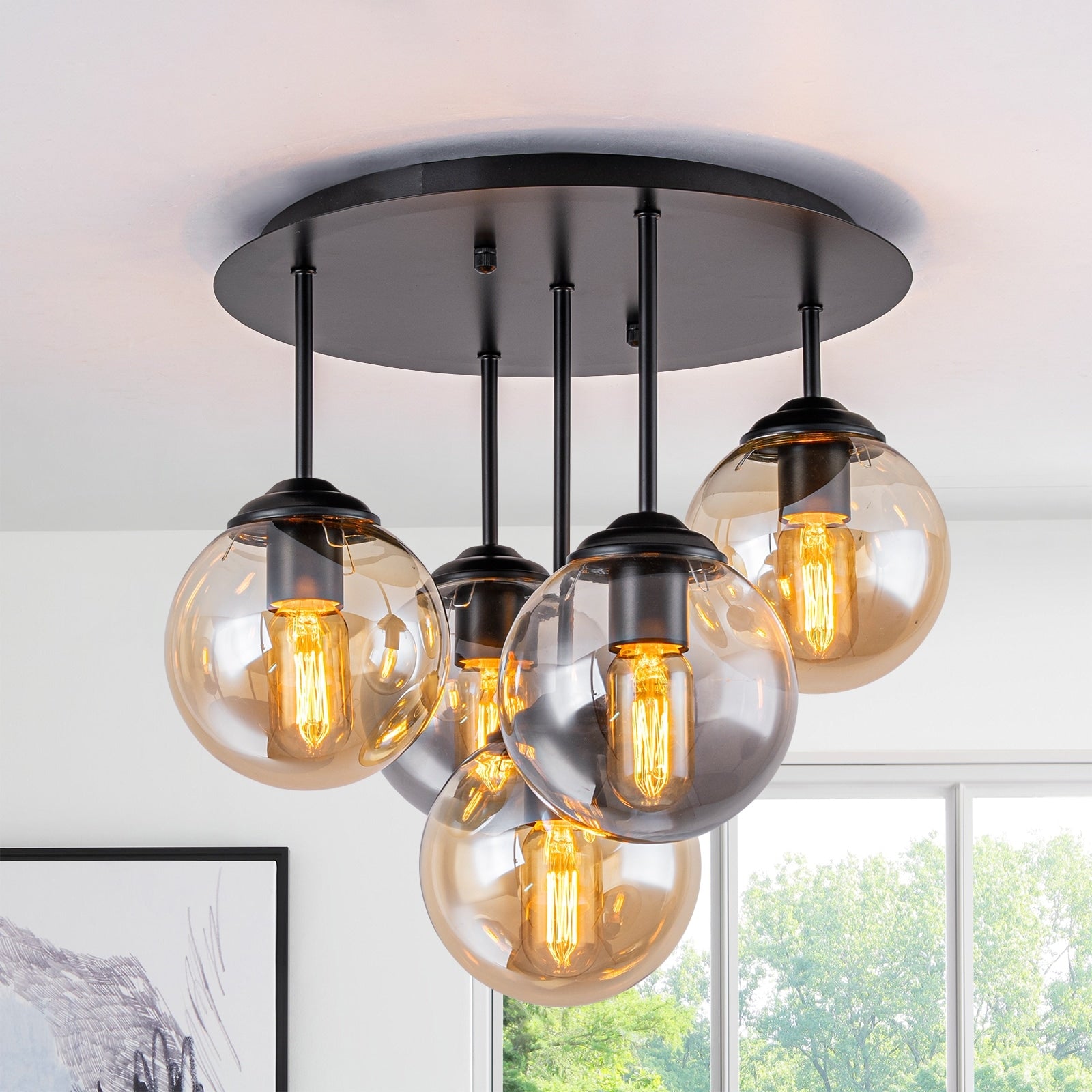 5 Lights Semi Flush Mount Ceiling Light Smoky Gray Amber Glass Globes Dia.17.32 In