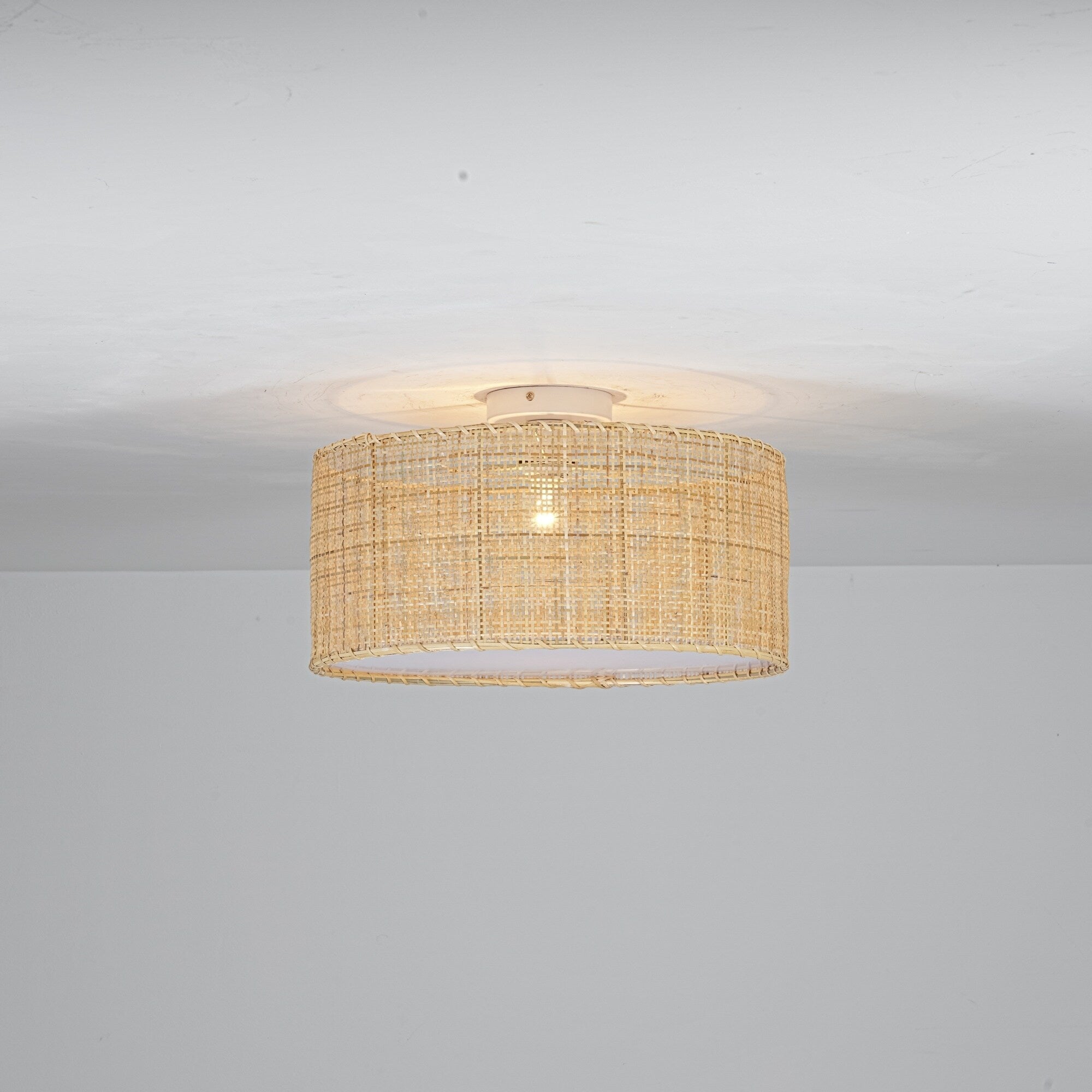 17.7 Boho Coastal Hand Woven Natural Rattan With Matte White Hardware Semi Flush Mount Ceiling Light For Hallways