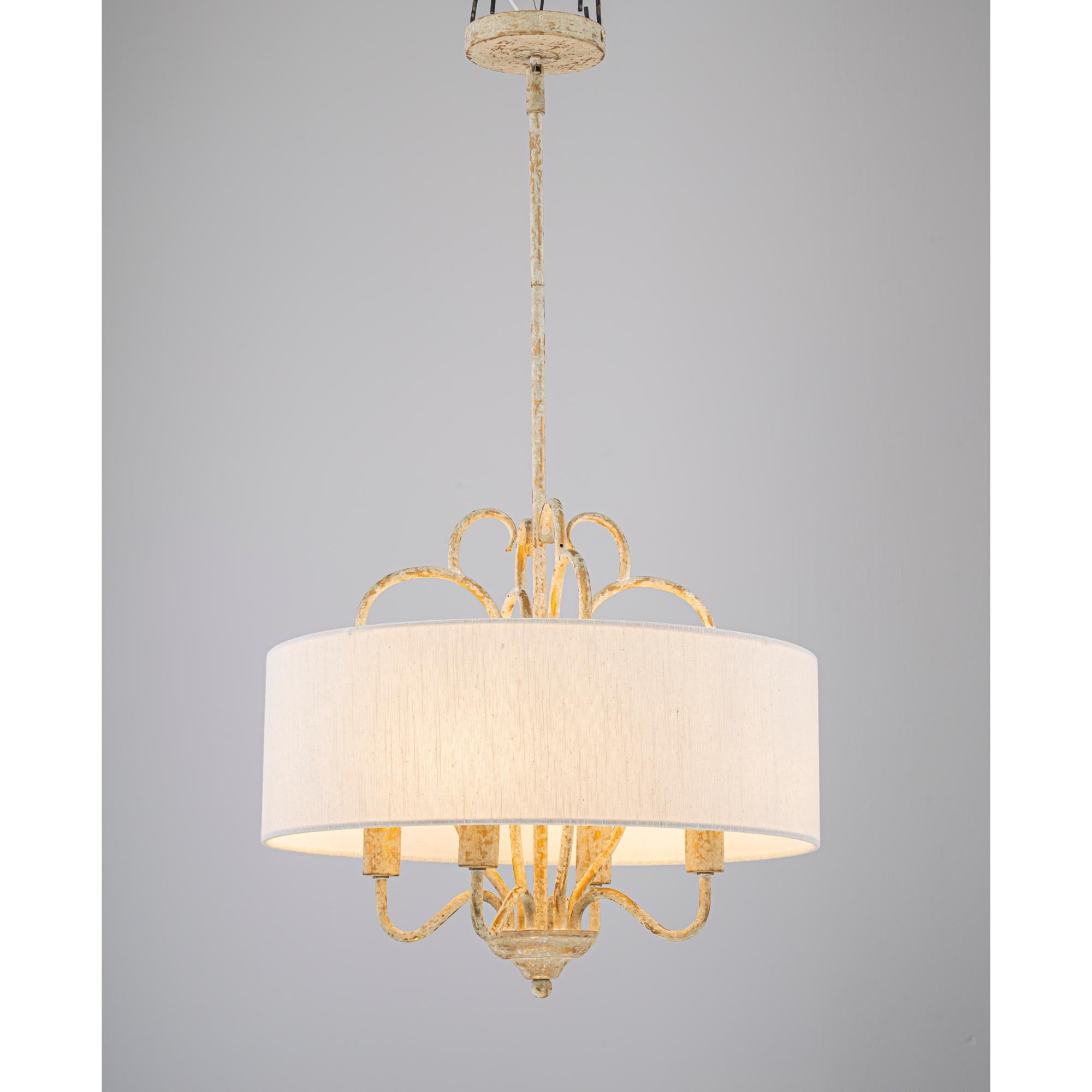 17.7 Retro Traditional Antique Distressed Grey 4 Light Chandelier With White Linen Drum Shade For Living Dining Room