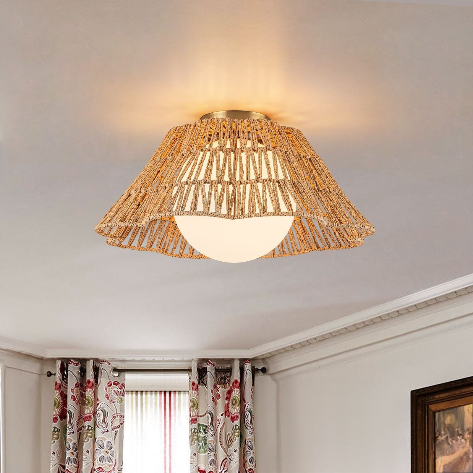17.9 Frosted Glass Natural Rattan Semi Flush Mount 1 Light