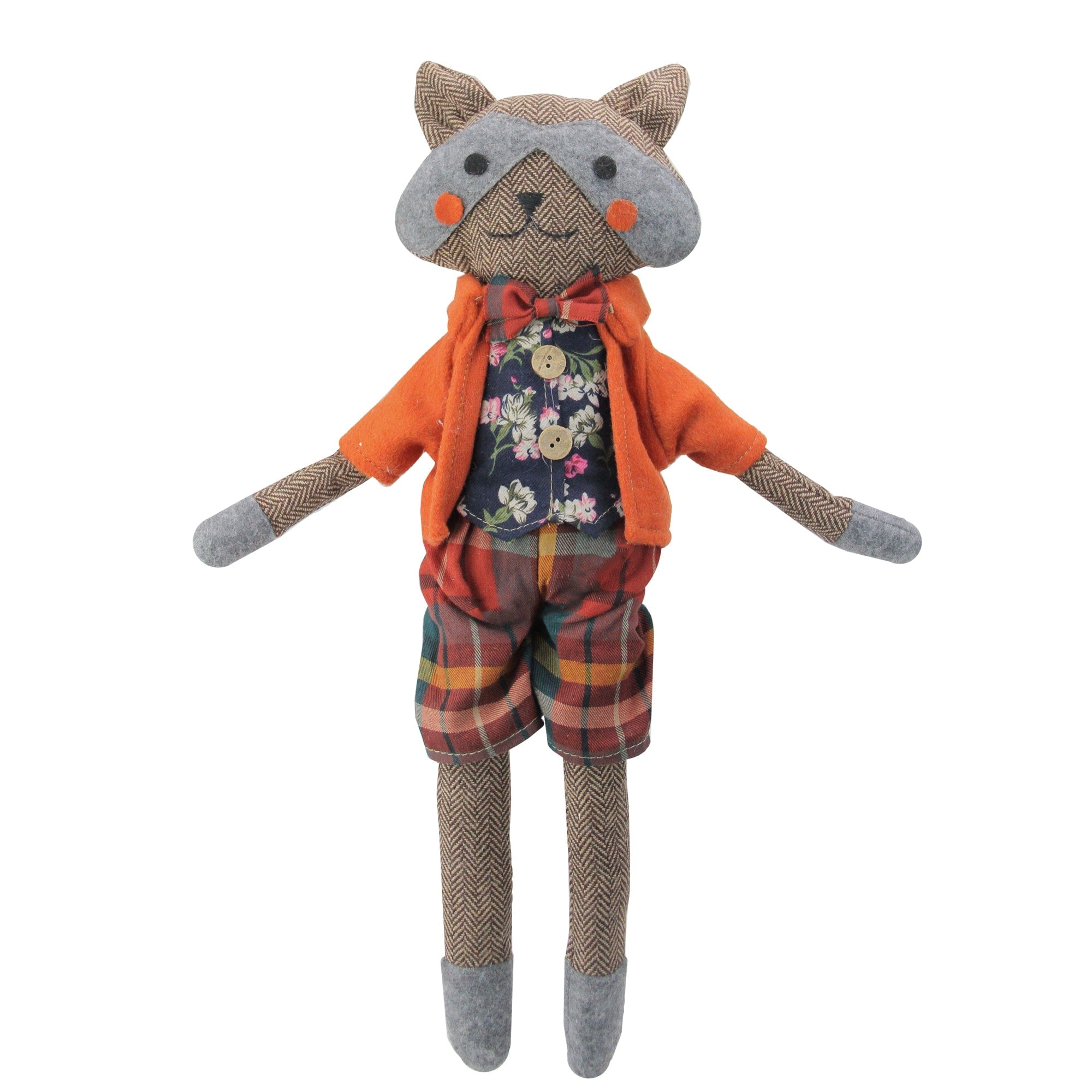 17 Brown And Orange Sitting Boy Herringbone Design Fox Plush
