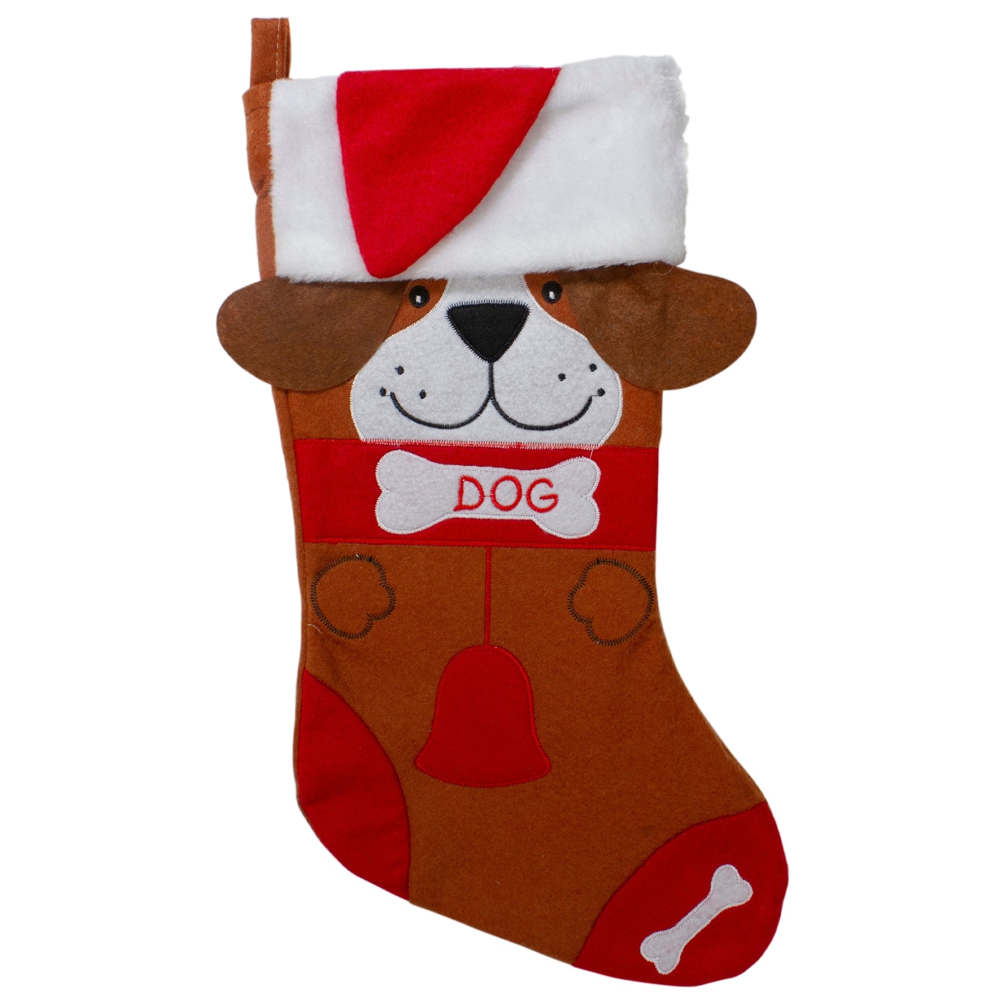 17 Red And Brown Embroidered Dog Christmas Stocking With White Cuff