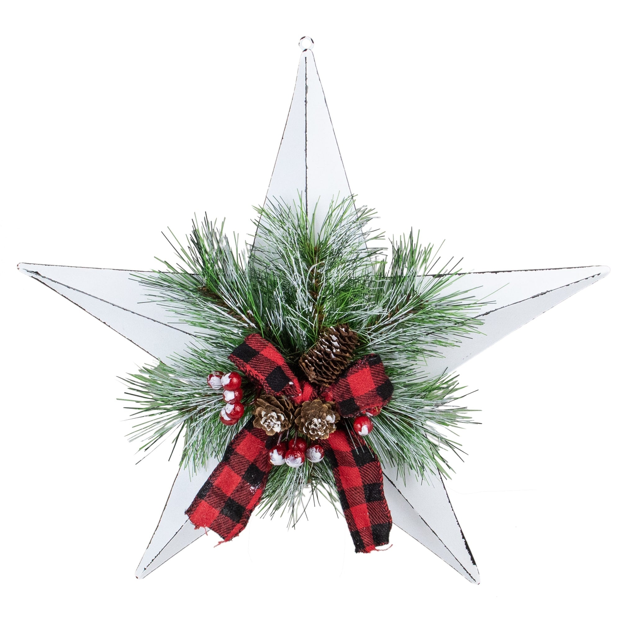 17 White 5 Point Christmas Star With Plaid Ribbon With Artificial Pine.