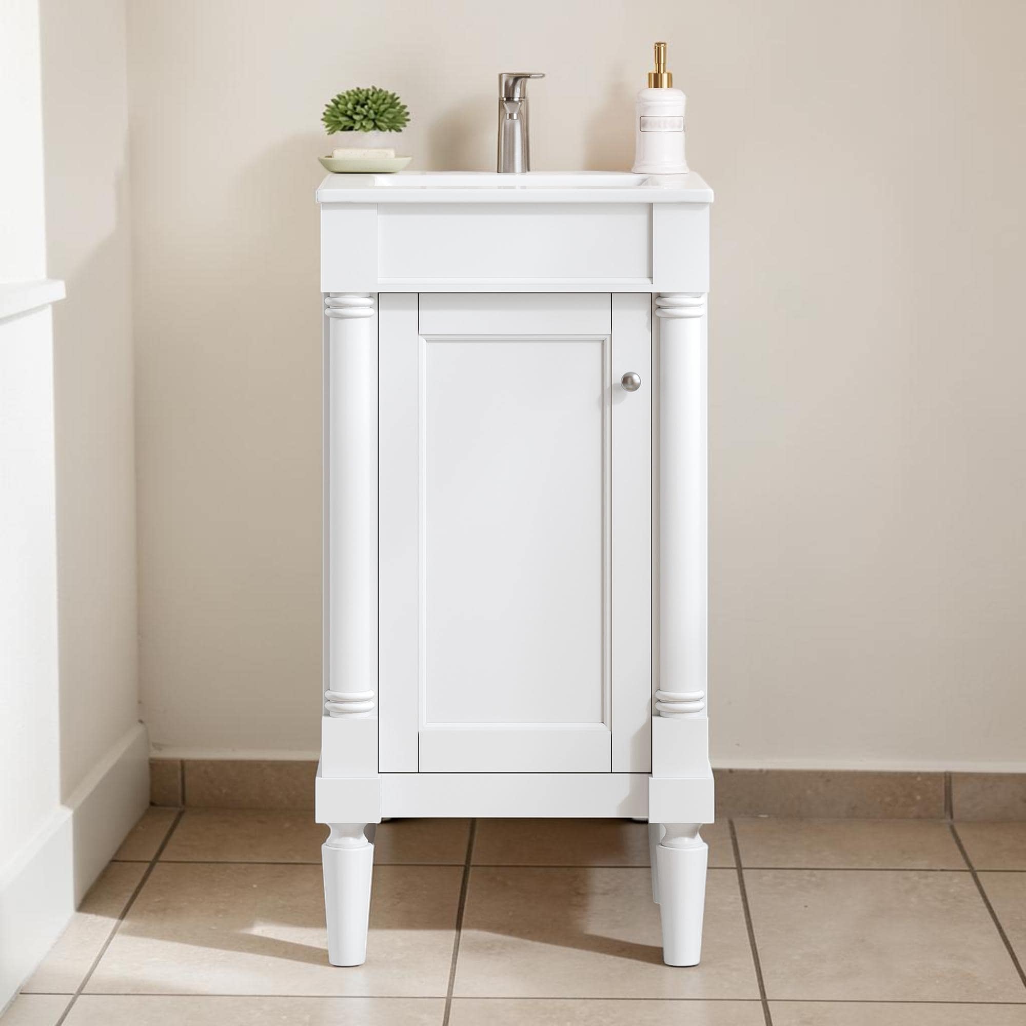 18 Inch French Style Bathroom Vanity With Ceramic Sink Small Space Cabinet With Adjustable Shelf And Soft Close Hinges