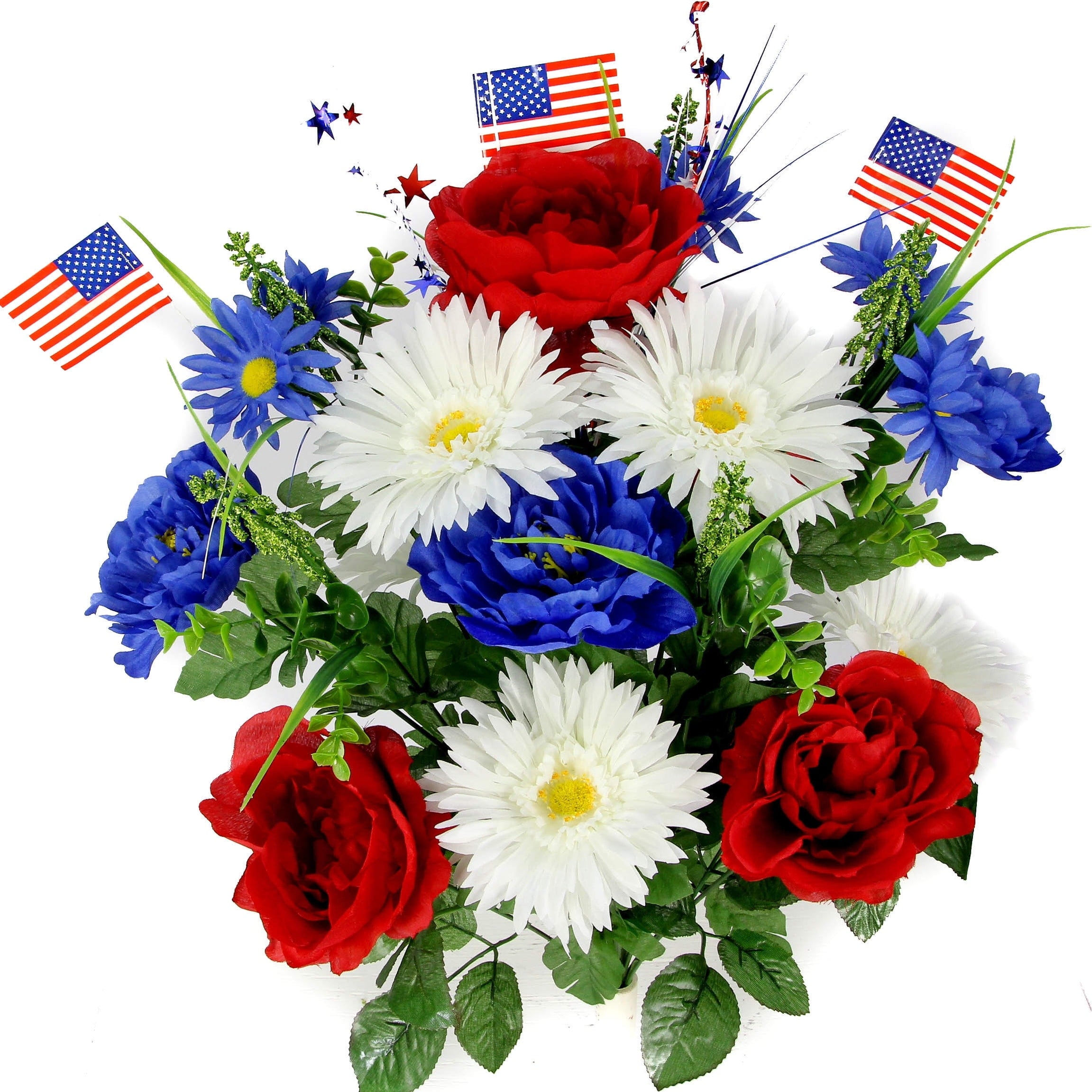 18 Stems Faux Peony Daisy Fillers Mixed Flower Bush W American Flags