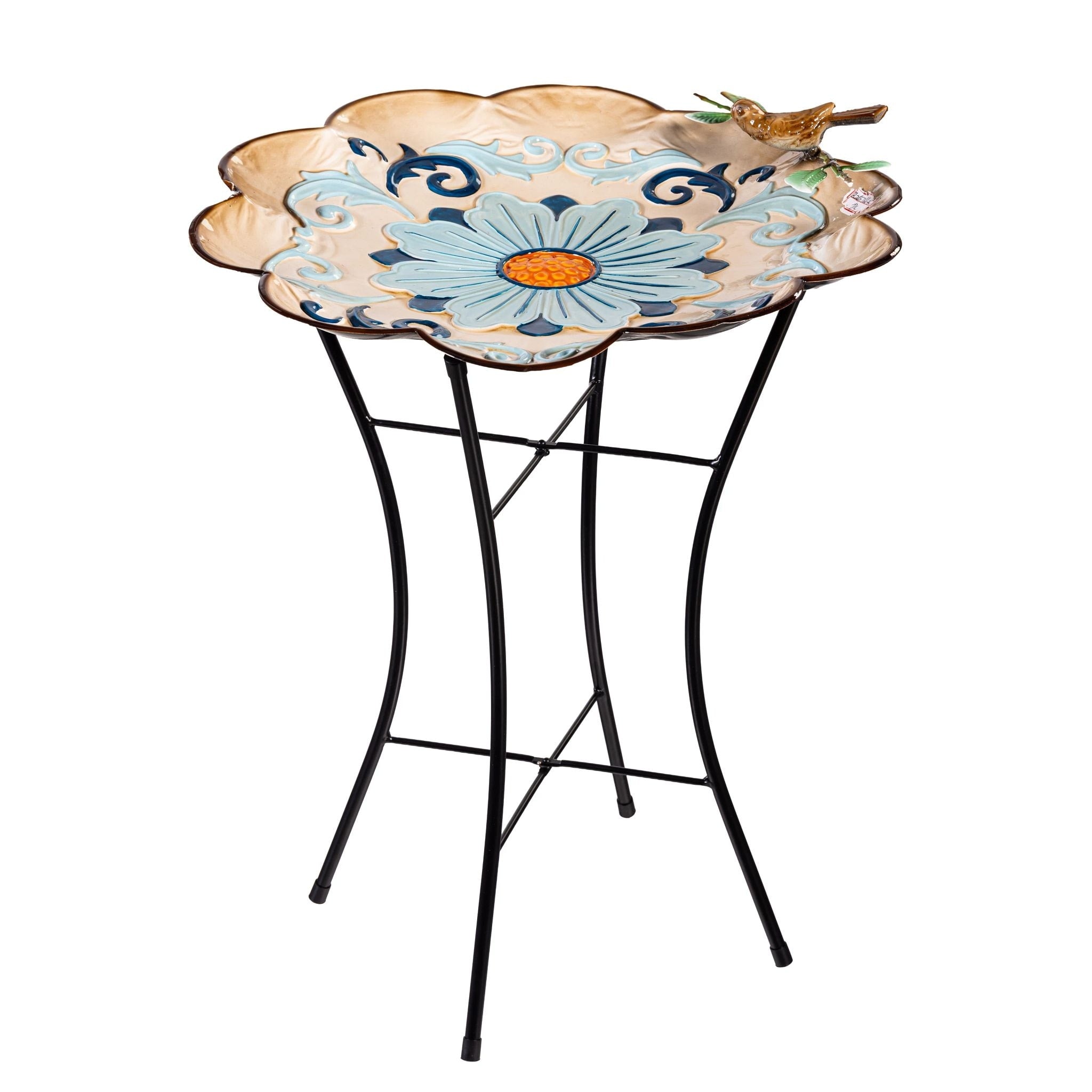 18 In. Blue Perched Bird Metal Birdbath With Stand