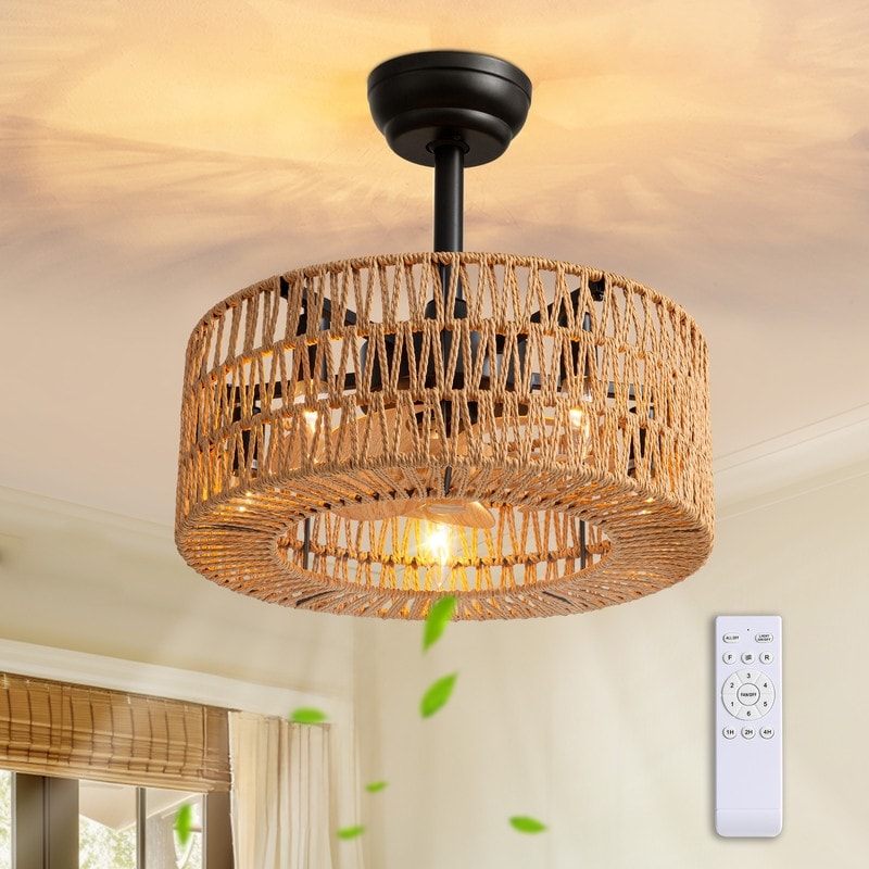 18 In. Boho Caged Ceiling Fan With Light Rattan Farmhouse Fandelier Low Profile Ceiling Fan For Bedroom Kitchen Living Room