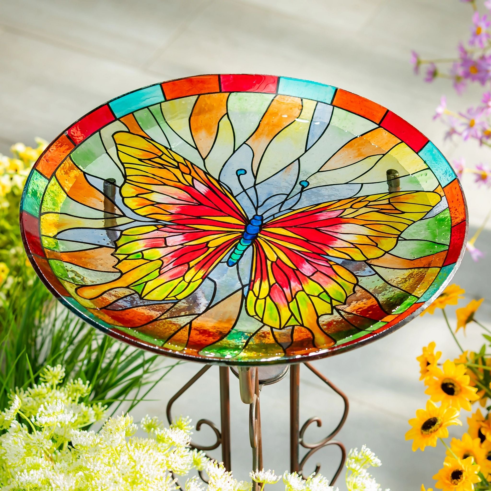 18 In. Butterfly Stained Glass Birdbath