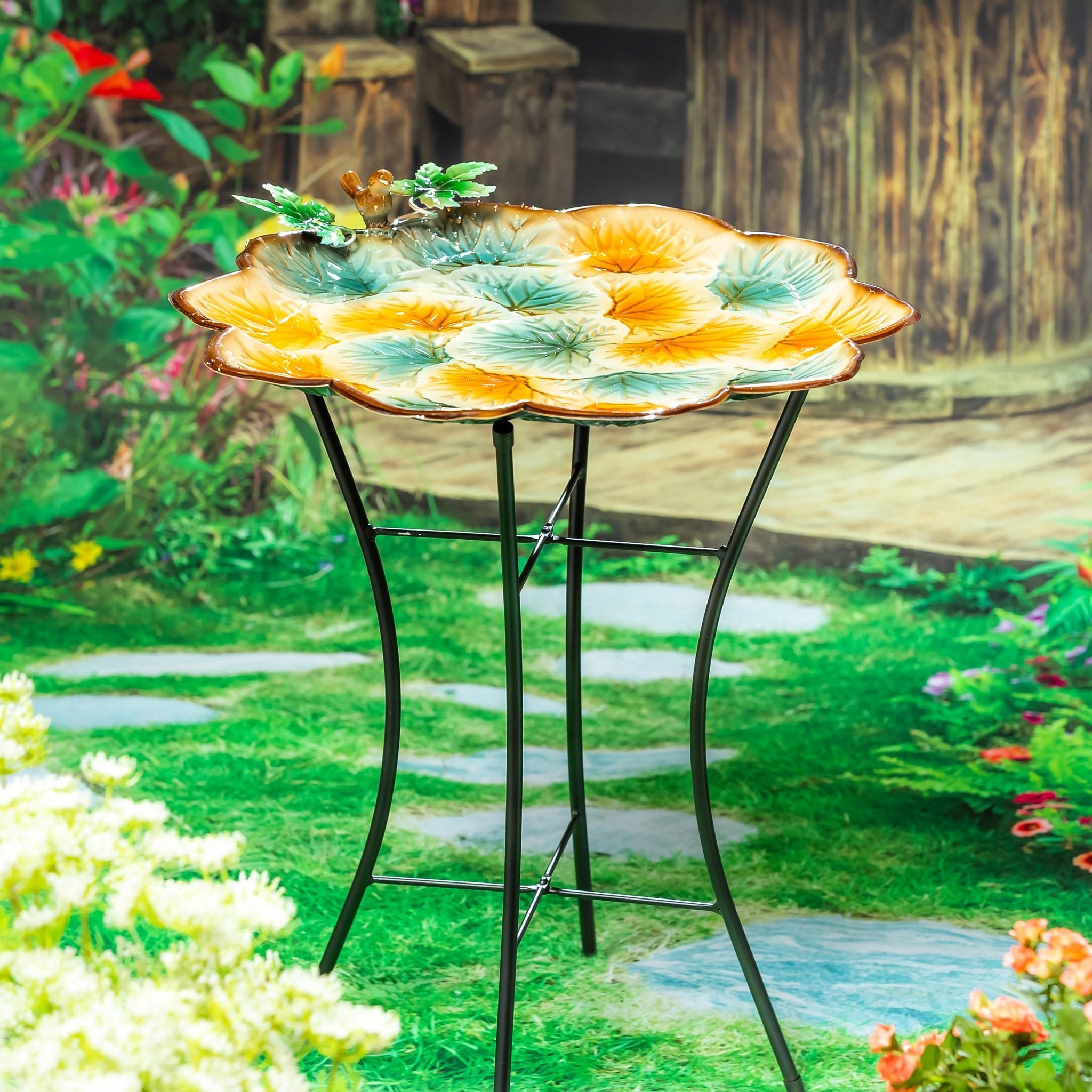 18 In. Multi Leaf Metal Birdbath With Stand
