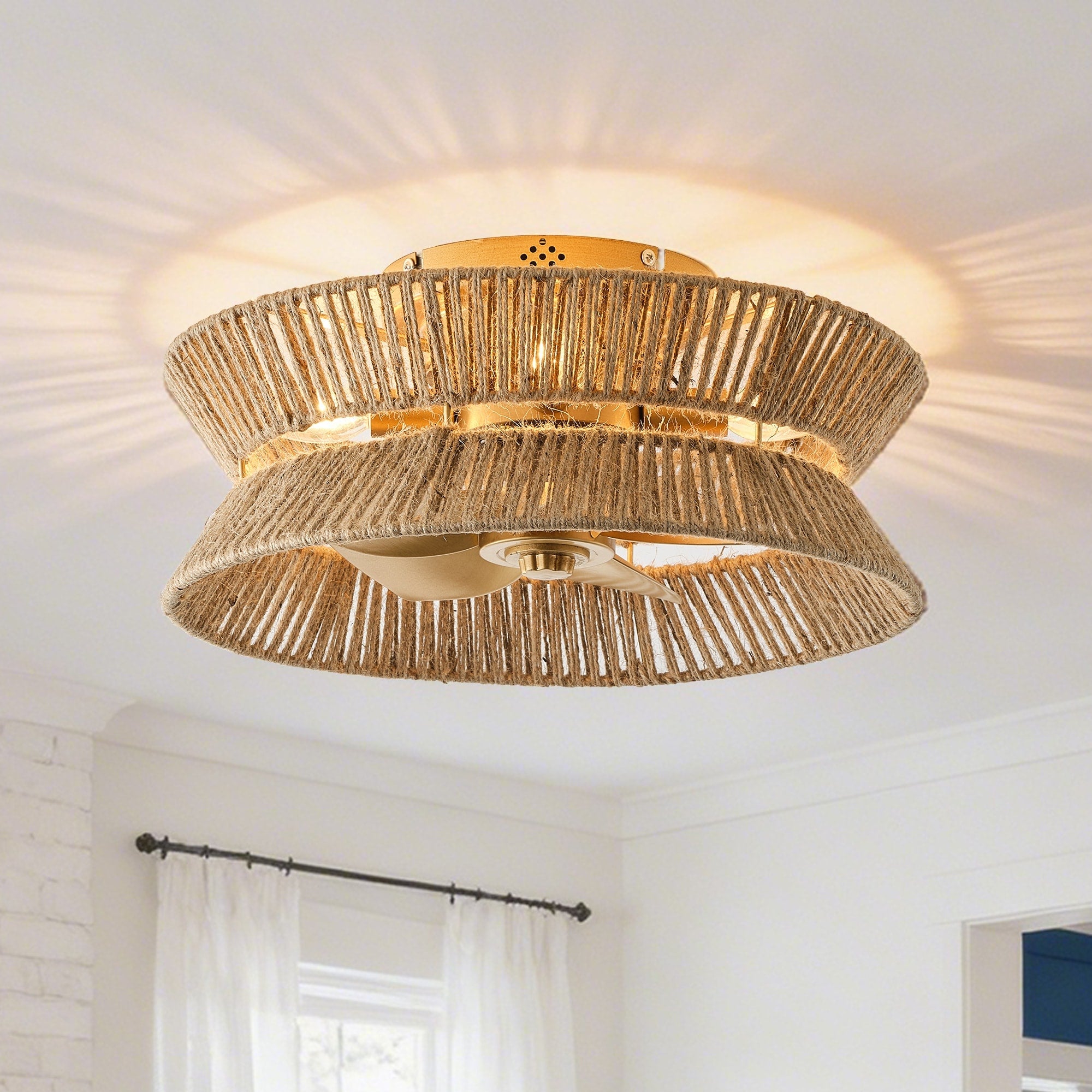 18 Inch Boho Distressed Gold Chandelier Ceiling Fan With Remote And Hand Hemp Rope Shade 17.7 W X 8.19 H