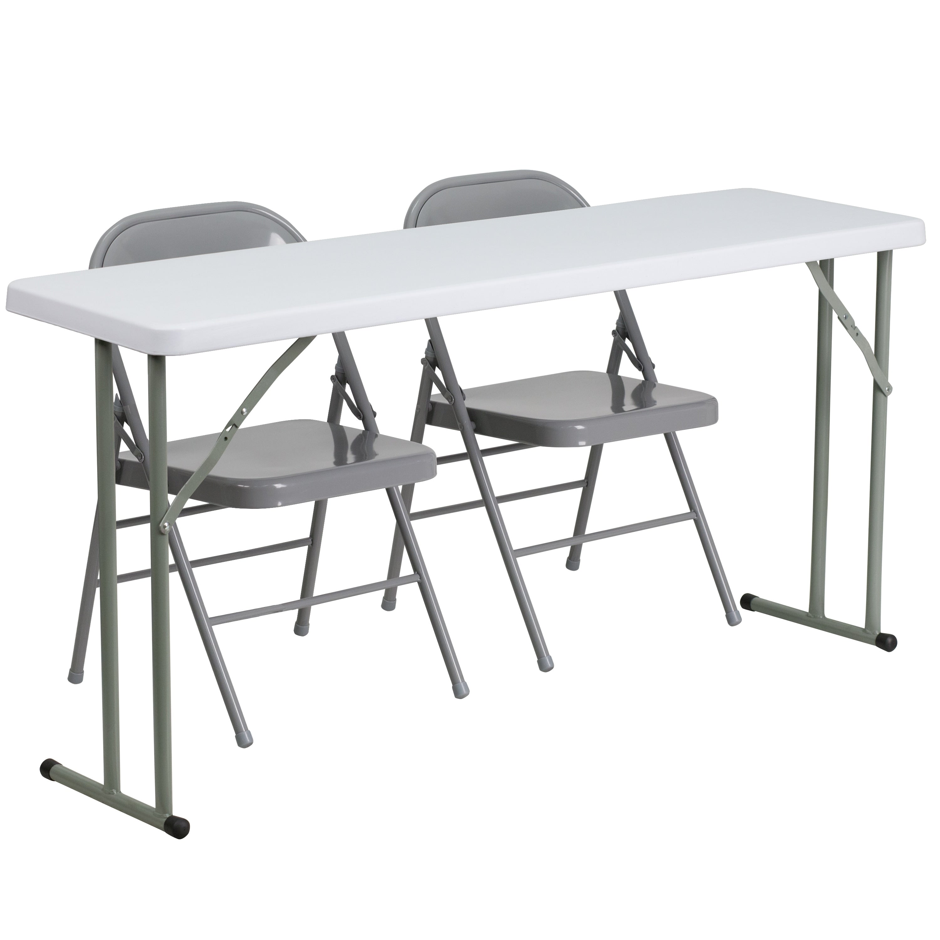 18 Inch X 60 Inch Plastic Folding Training Table With 2 Grey Metal Folding Chairs