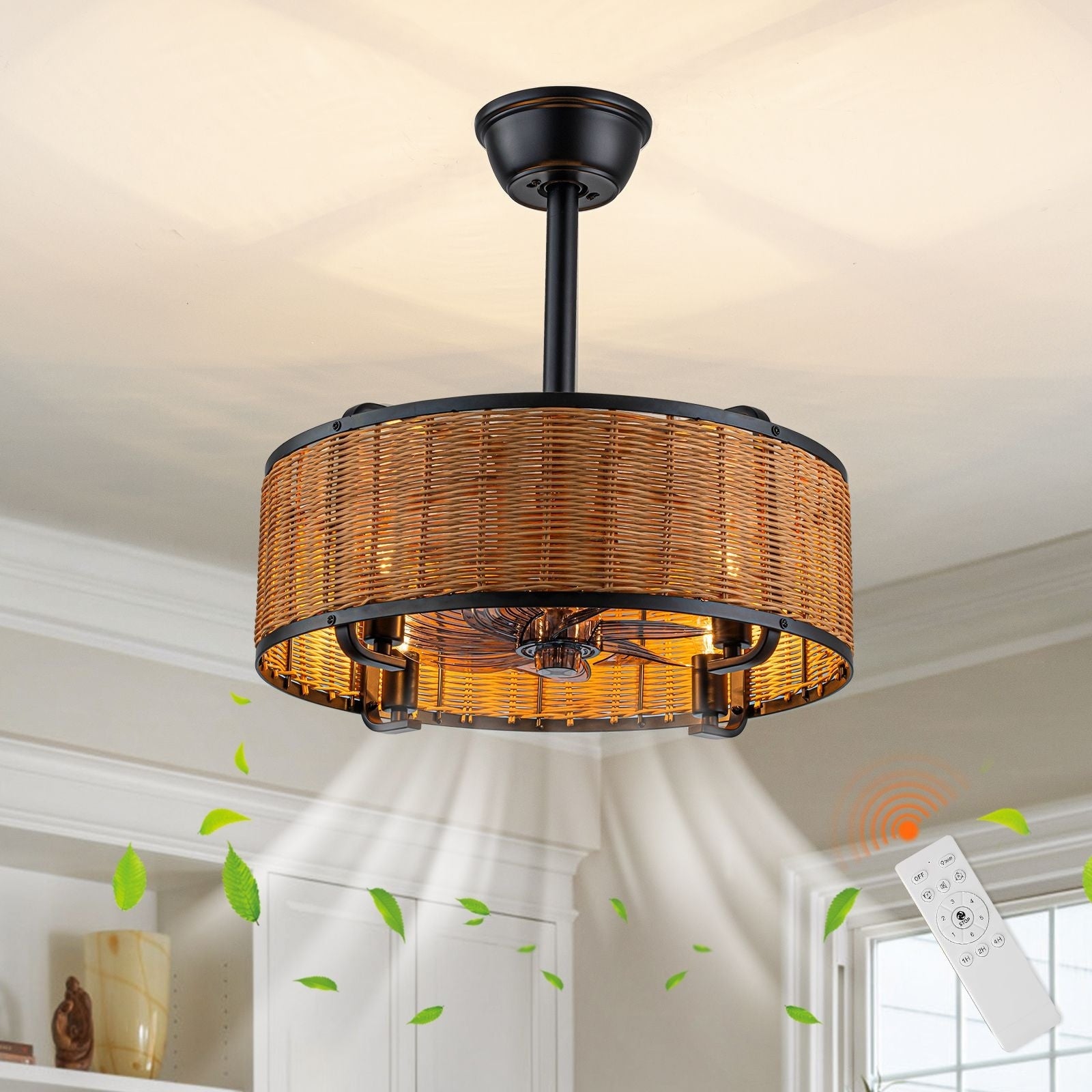 18.5 In. Farmhouse Rattan Ceiling Fan Chandelier With Remote Black