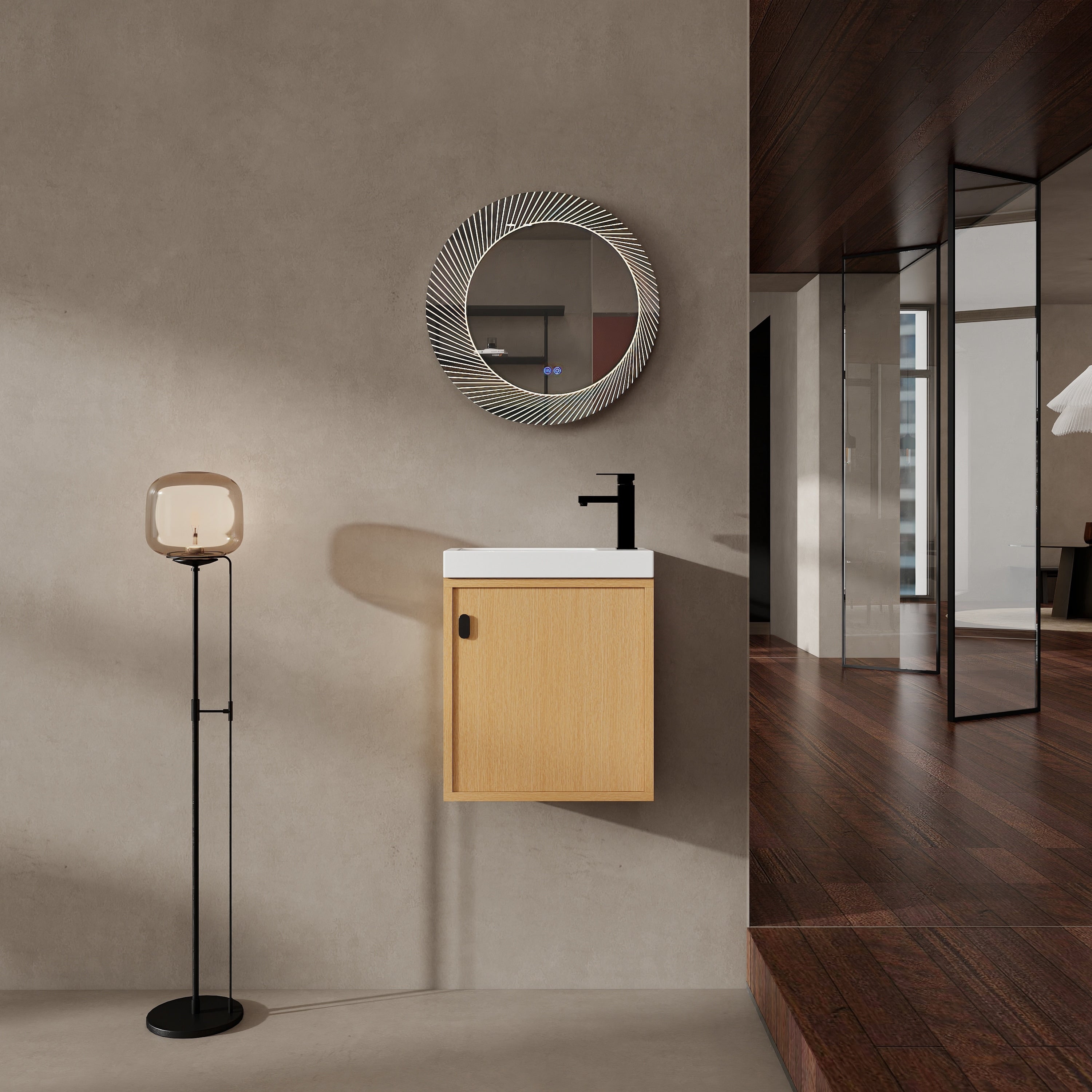 18.5 Inch Wall Mounted Bathroom Vanity With Resin Sink Soft Closed Single Door Mdf Nature Wood