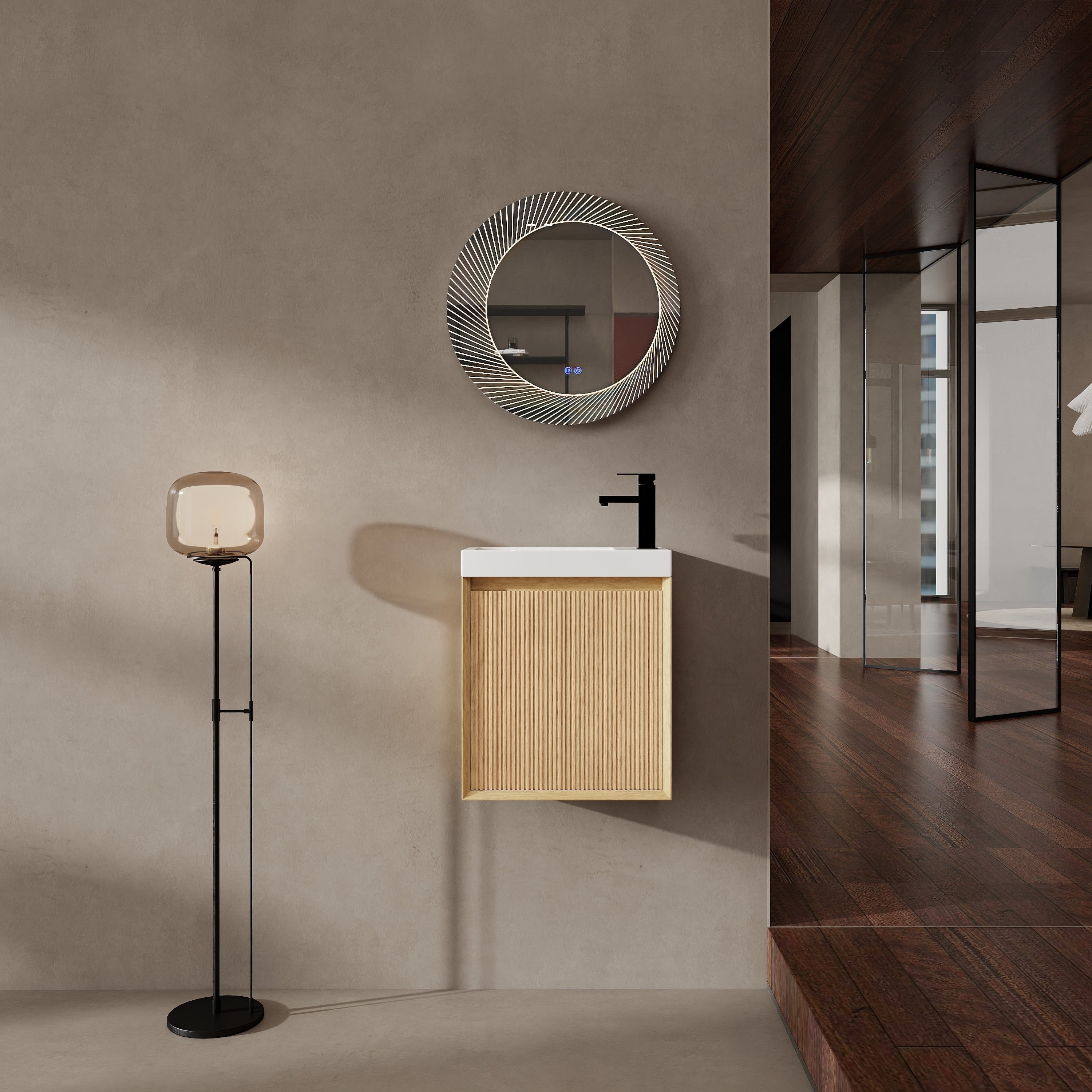 18.5 Inch Wall Mounted Bathroom Vanity With Resin Sink Soft Closed Single Door Bathroom Cabinet Set Mdf Nature Wood