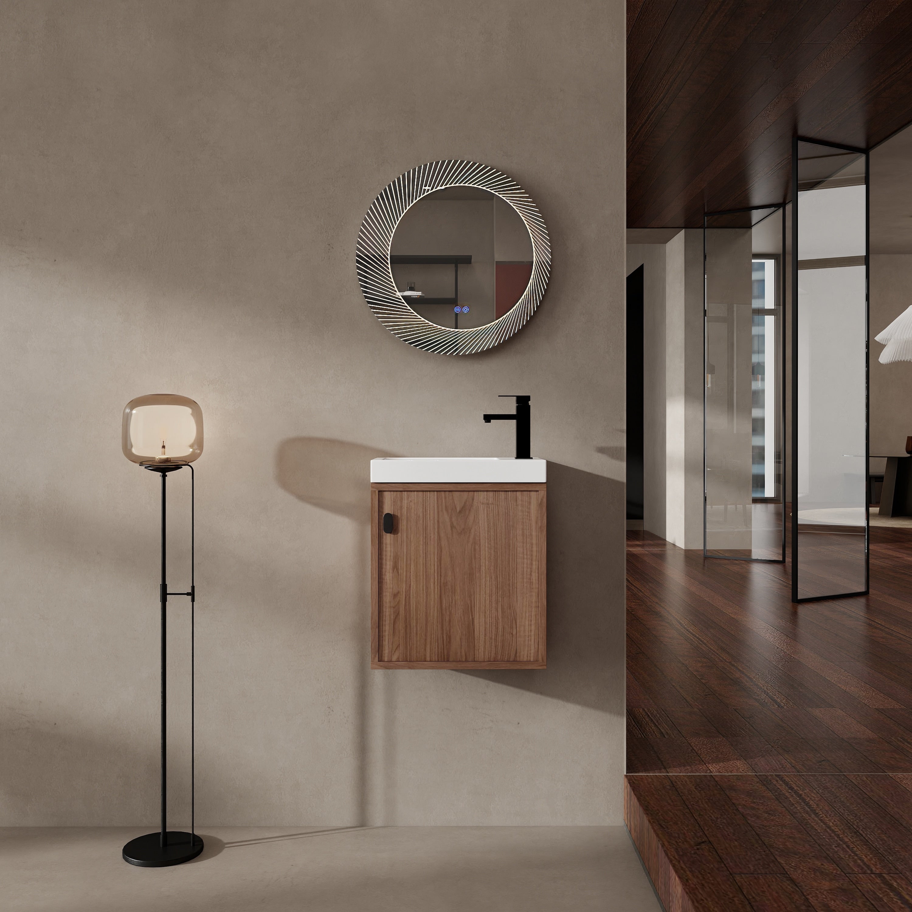 18.5 Inch Wall Mounted Bathroom Vanity With Resin Sink Soft Closed Single Door Mdf Nature Walnut