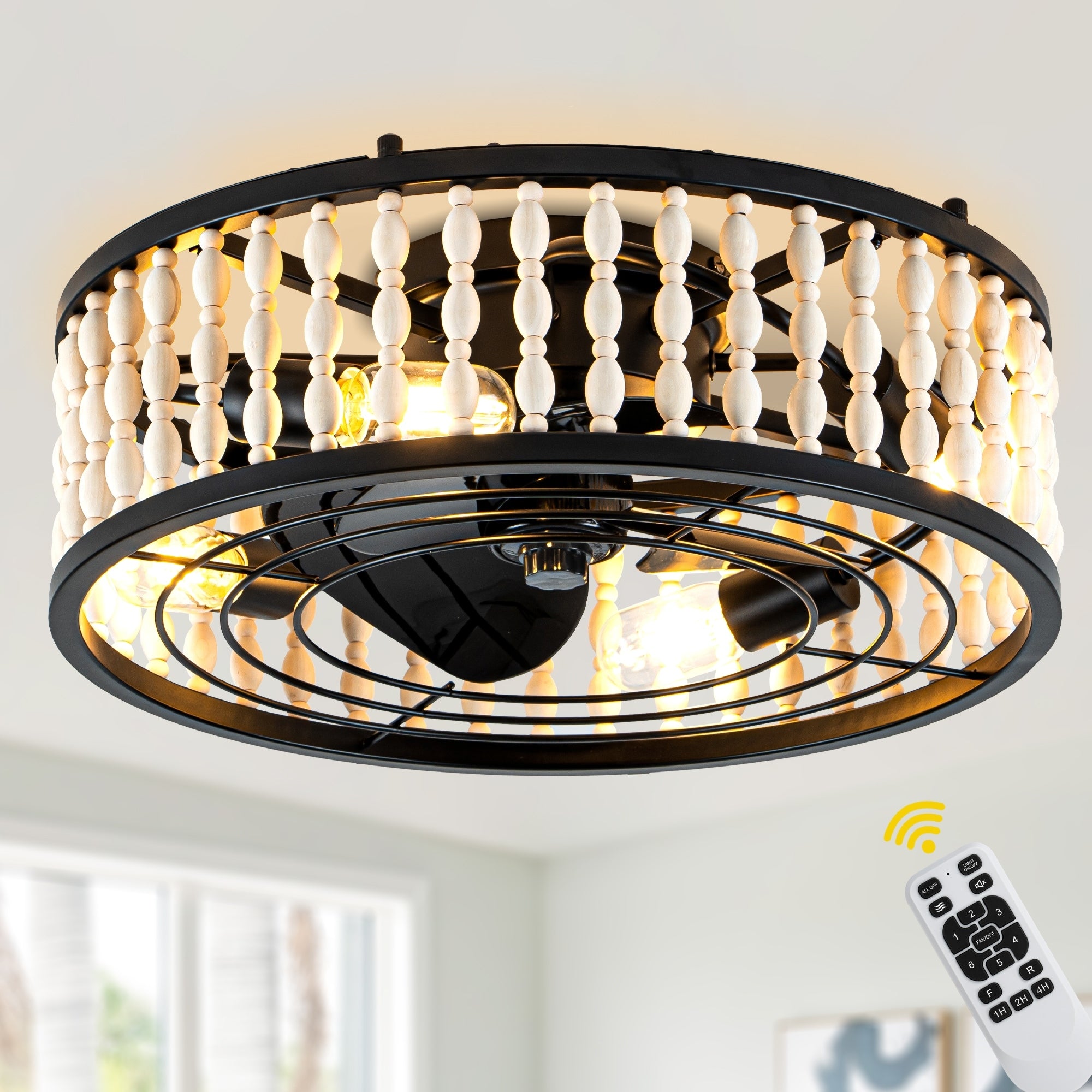 18.8 Black Flush Mount Caged Ceiling Fan With Light And Remote 6 Speed Dc Motor 18.8 Inches