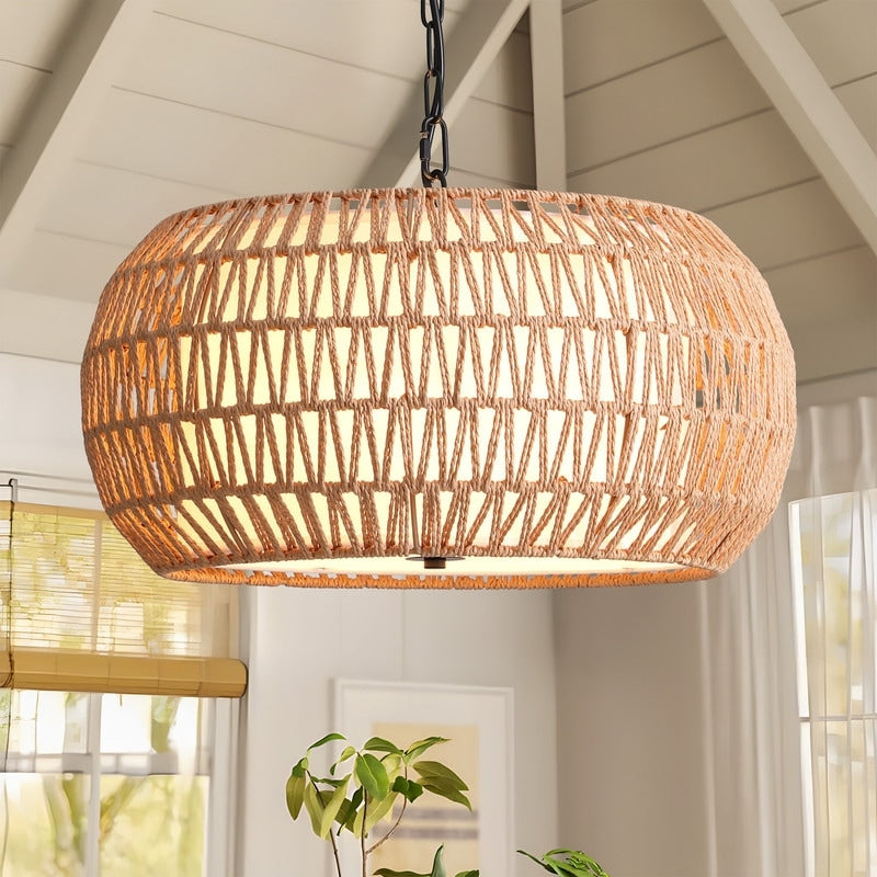 18.9 Coastal Boho Hand Woven Drum Pendant Light 5 Light Farmhouse Rattan Boho Chandelier For Bedroom 18.9In