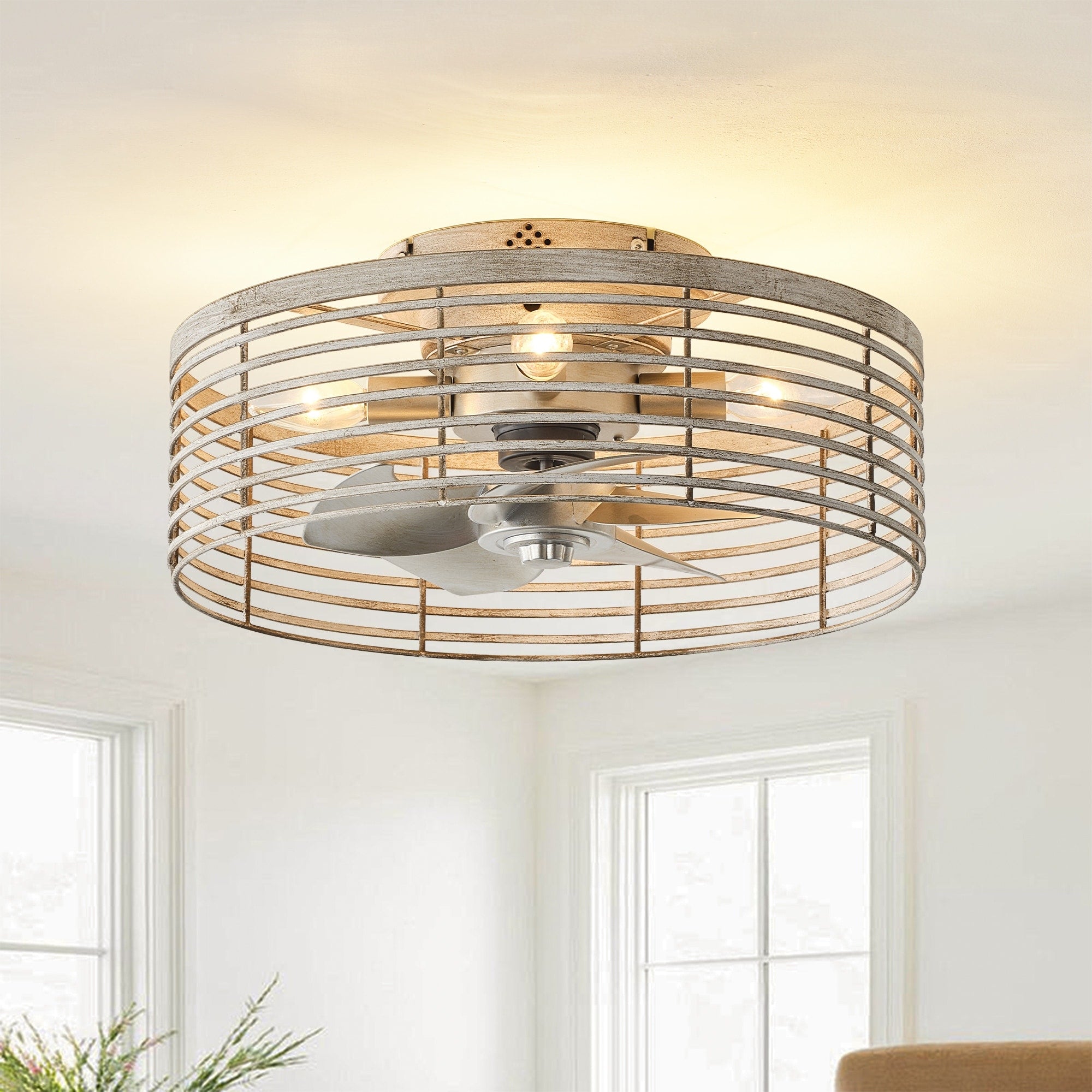18 Antique White Caged 4 Light Low Profile Flush Mount Ceiling Fan With Remote