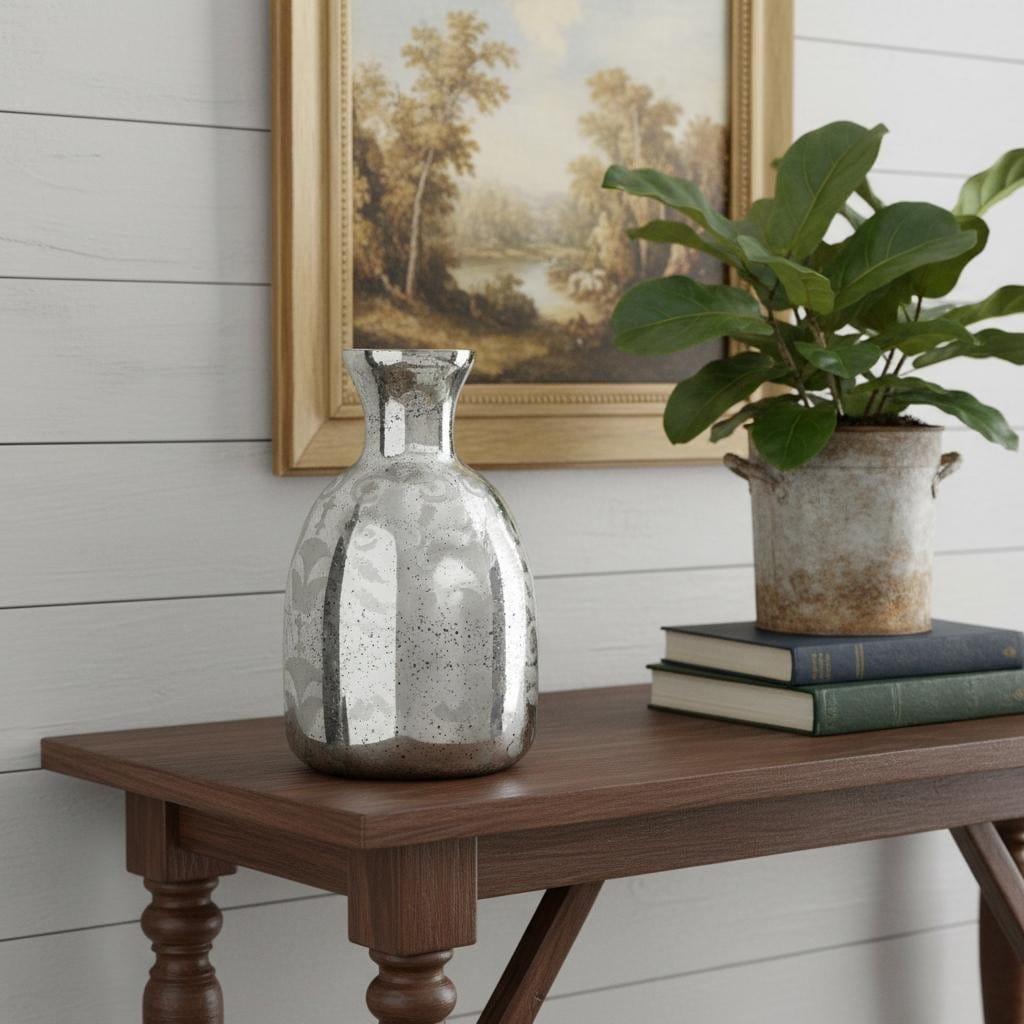 18 Antiqued Silver Floral Glass Table Vase 12.00