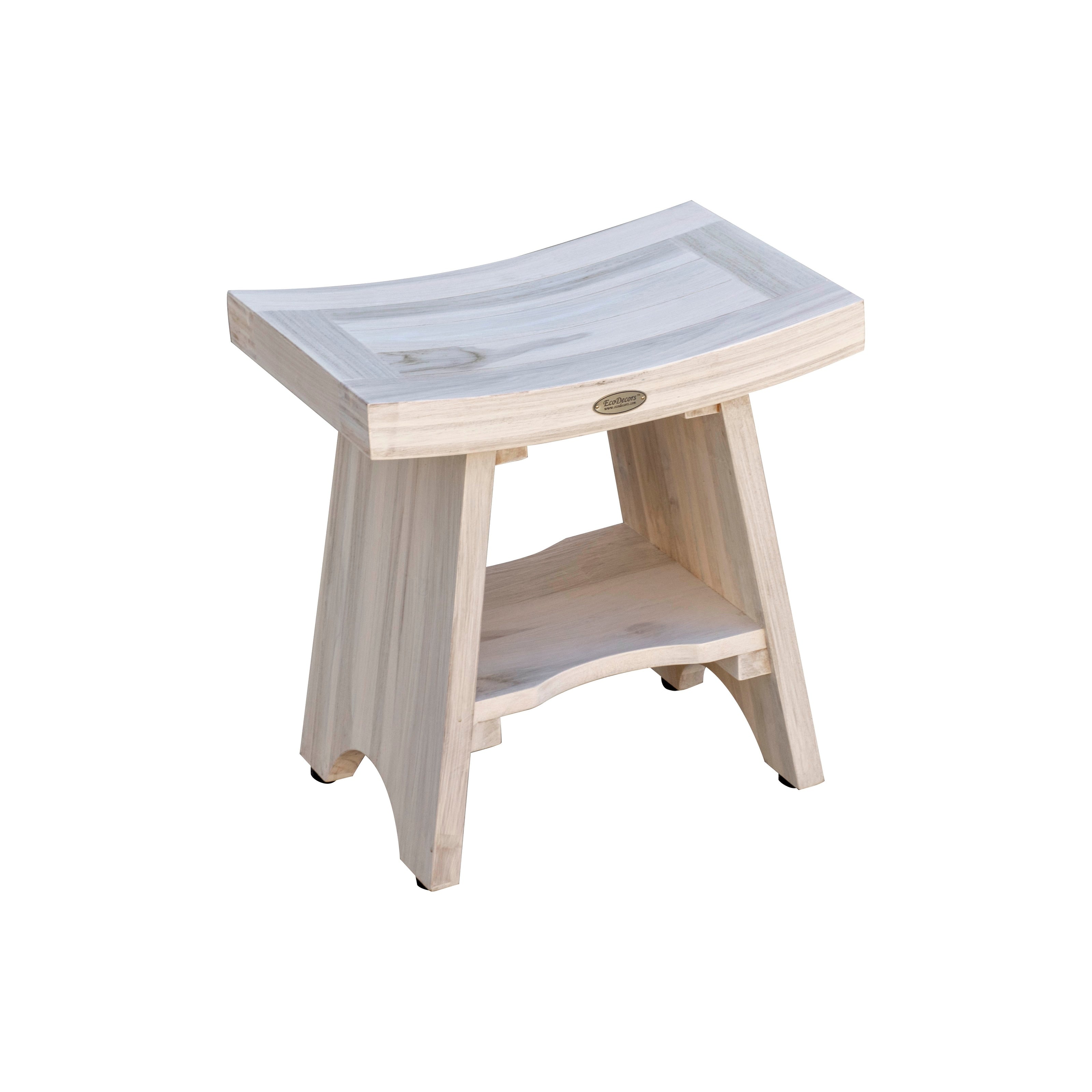 18 Coastalvogue Serenity Teak Shower Stool With Shelf In Coastal Driftwood Finish