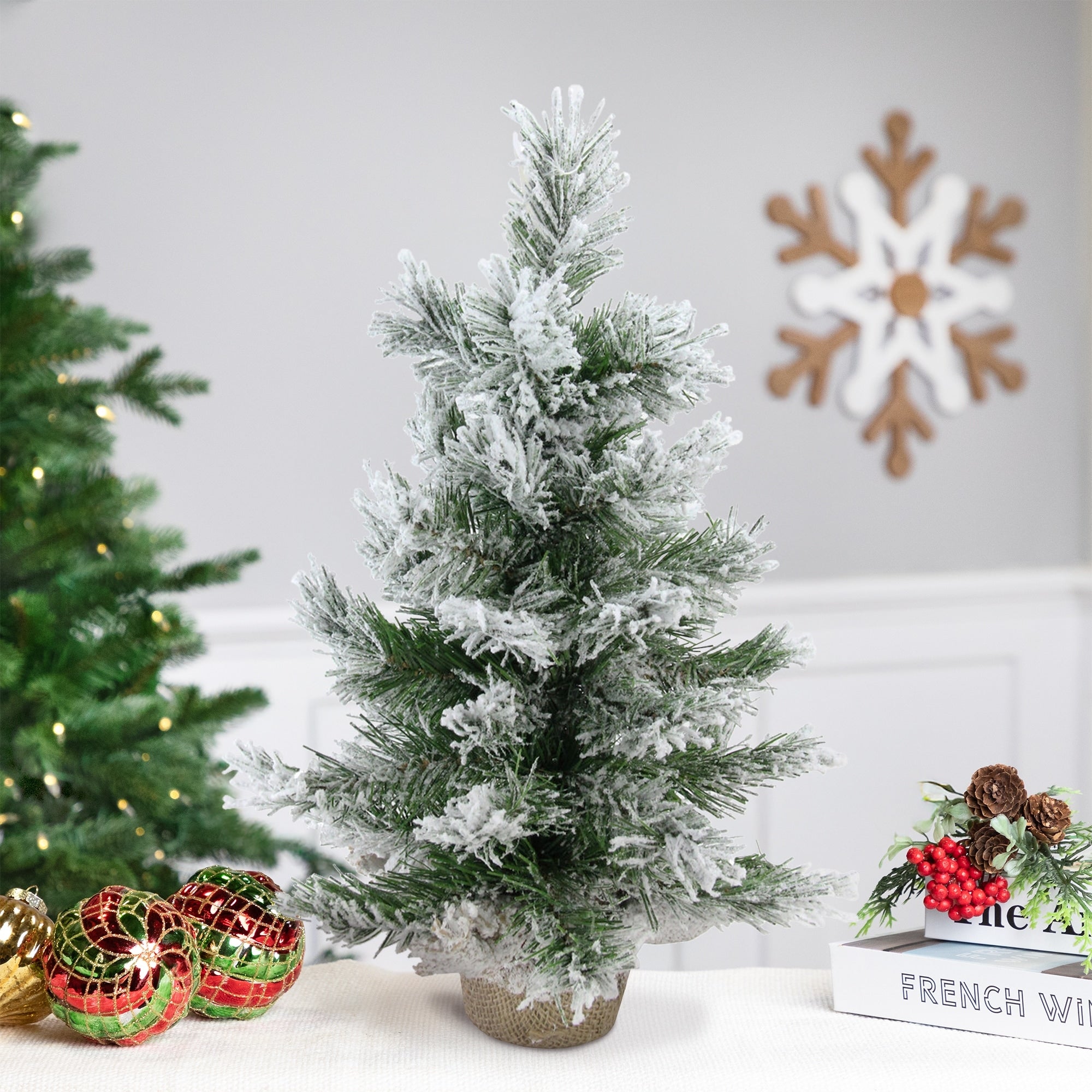 18 Flocked Pine Artificial Christmas Tree In Burlap Base Unlit White