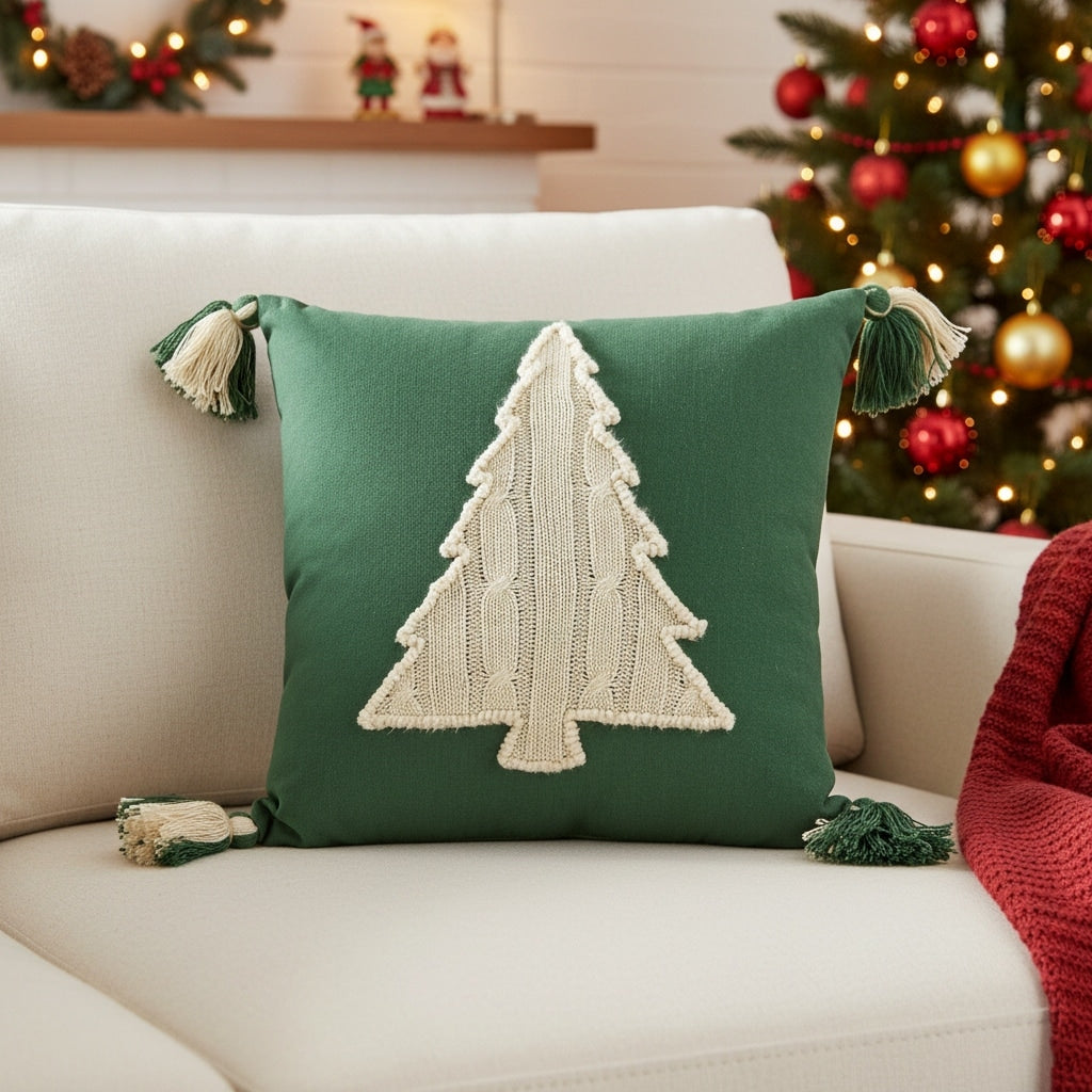 18 Green And Ivory Cotton Christmas Tree Throw Pillow With Tassels