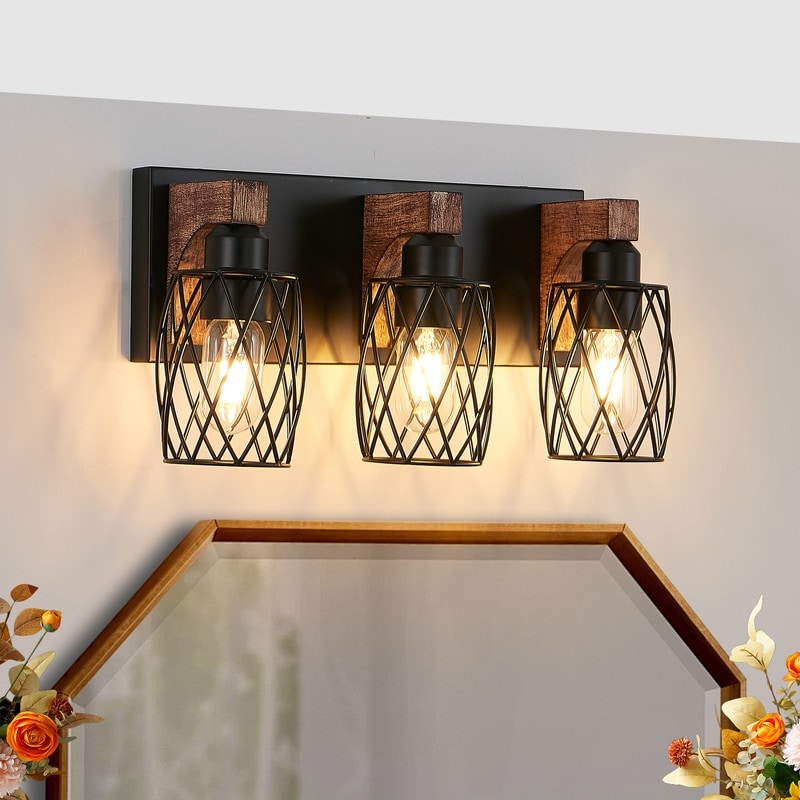 18 Industrial 3 5 7 Lights Wall Sconce Black Caged Wall Lighting Fixture With Wooden Accents For Bathroom Hallway