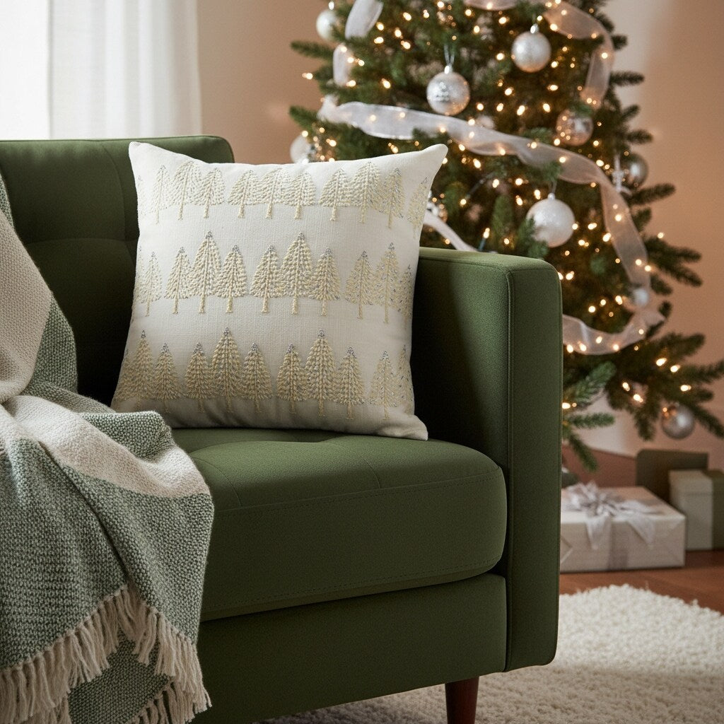18 Ivory And Silver Cotton Christmas Trees Throw Pillow With Embroidery
