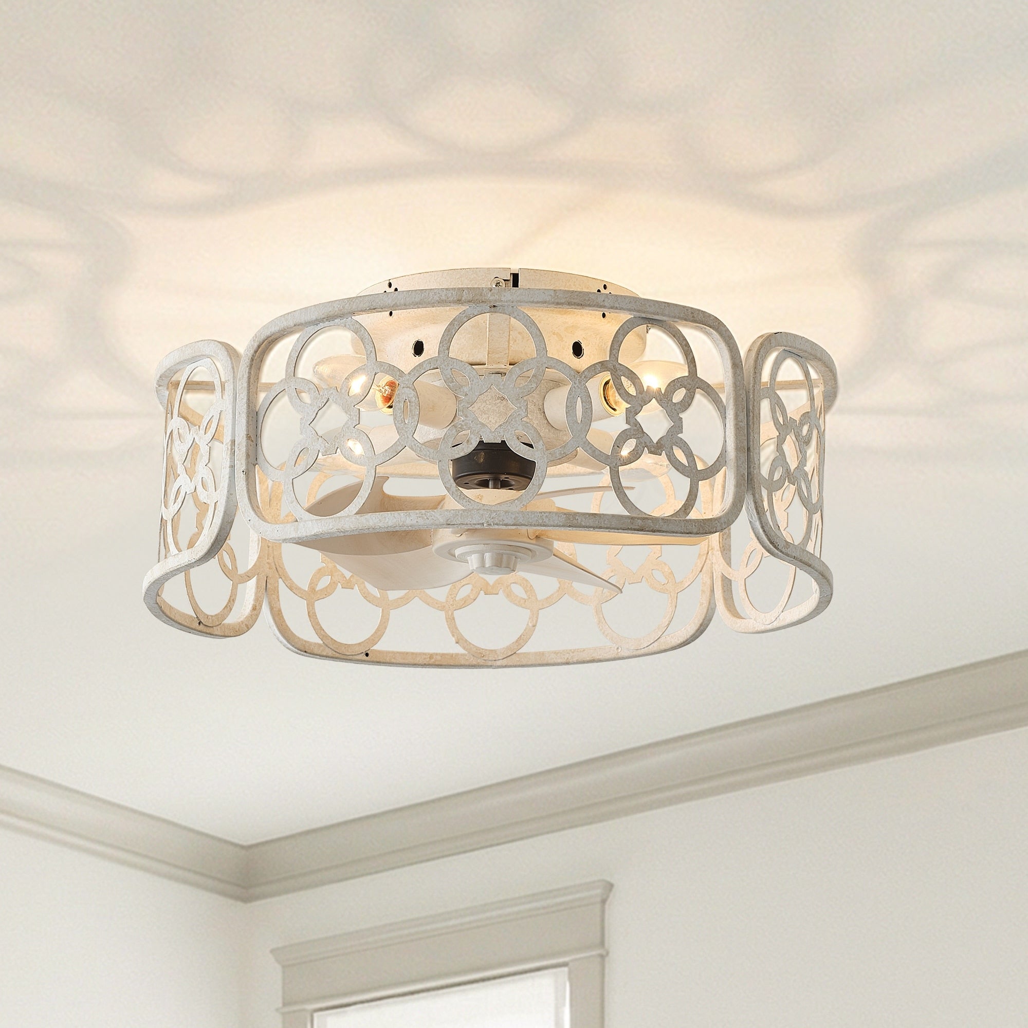 18 Modern Distressed White Reversible Metal Caged Ceiling Fan With Light And Remote 18 W X 18 D X 7.87 H