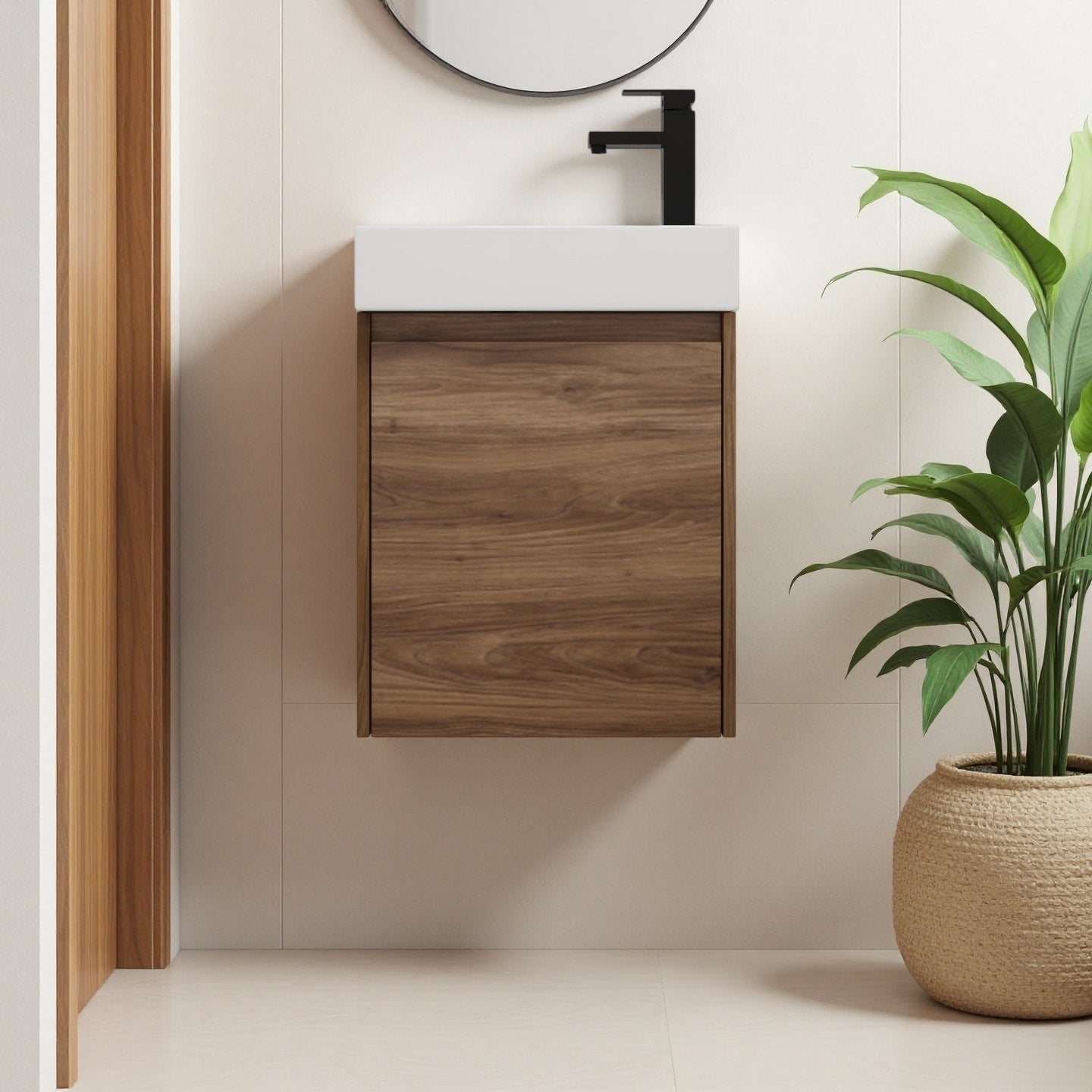18 Plywood Floating Small Bathroom Vanity With Ceramic Sink And Soft Closing Door