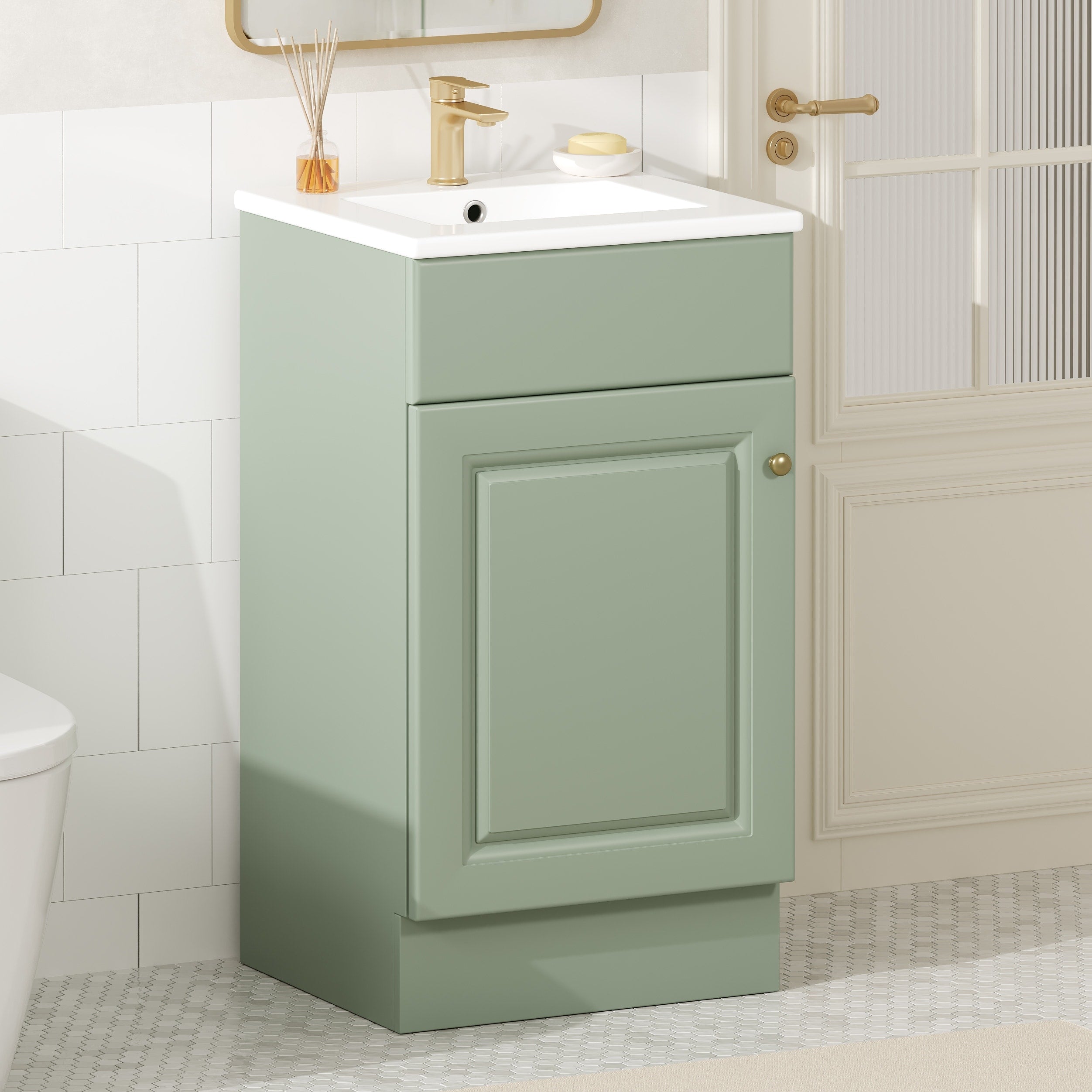 18 Small Bathroom Vanity With Ceramic Sink Light Green Vanity Cabinet With Adjustable Shelf 18 Inch