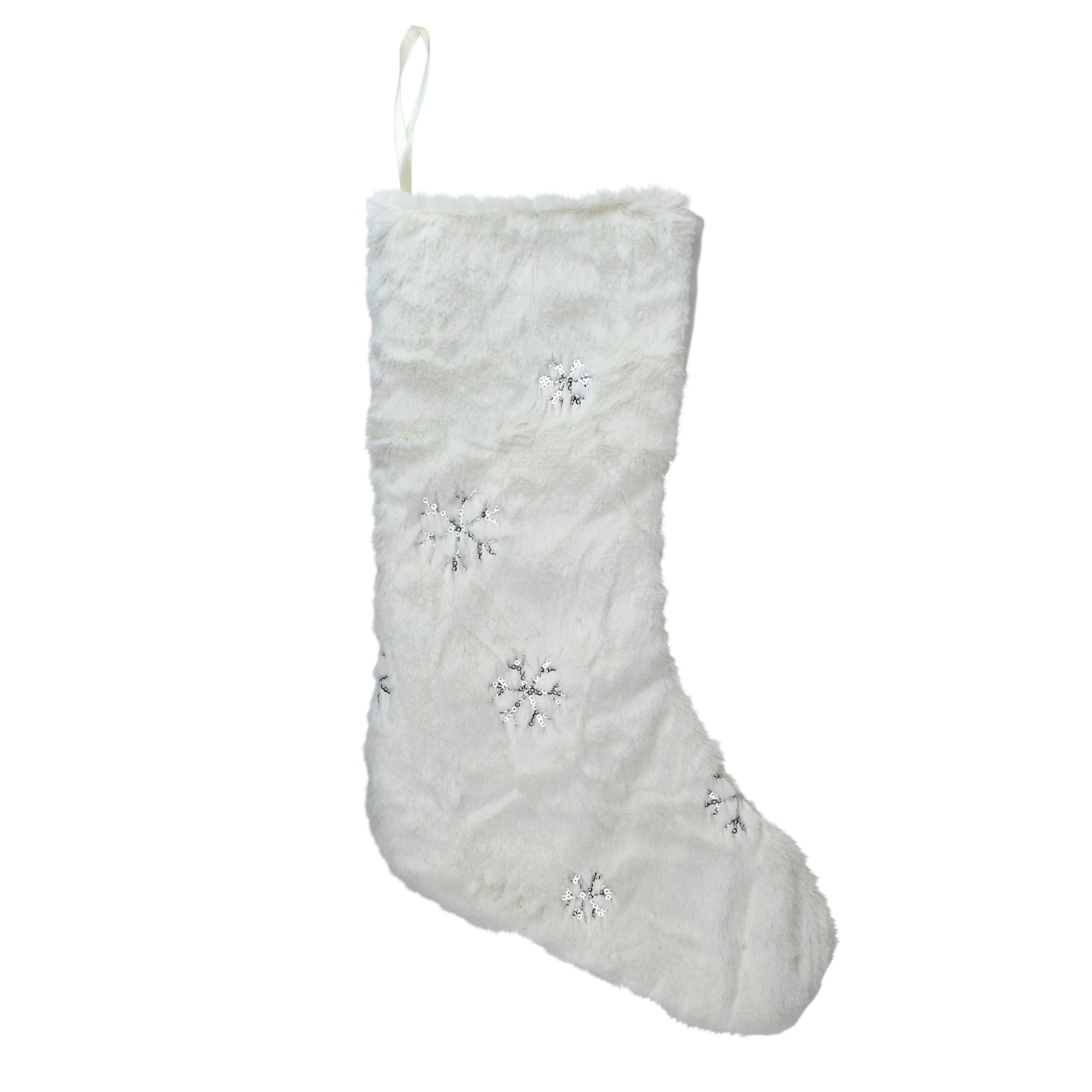 18 White Faux Fur Christmas Stocking With Silver Sequined Snowflakes