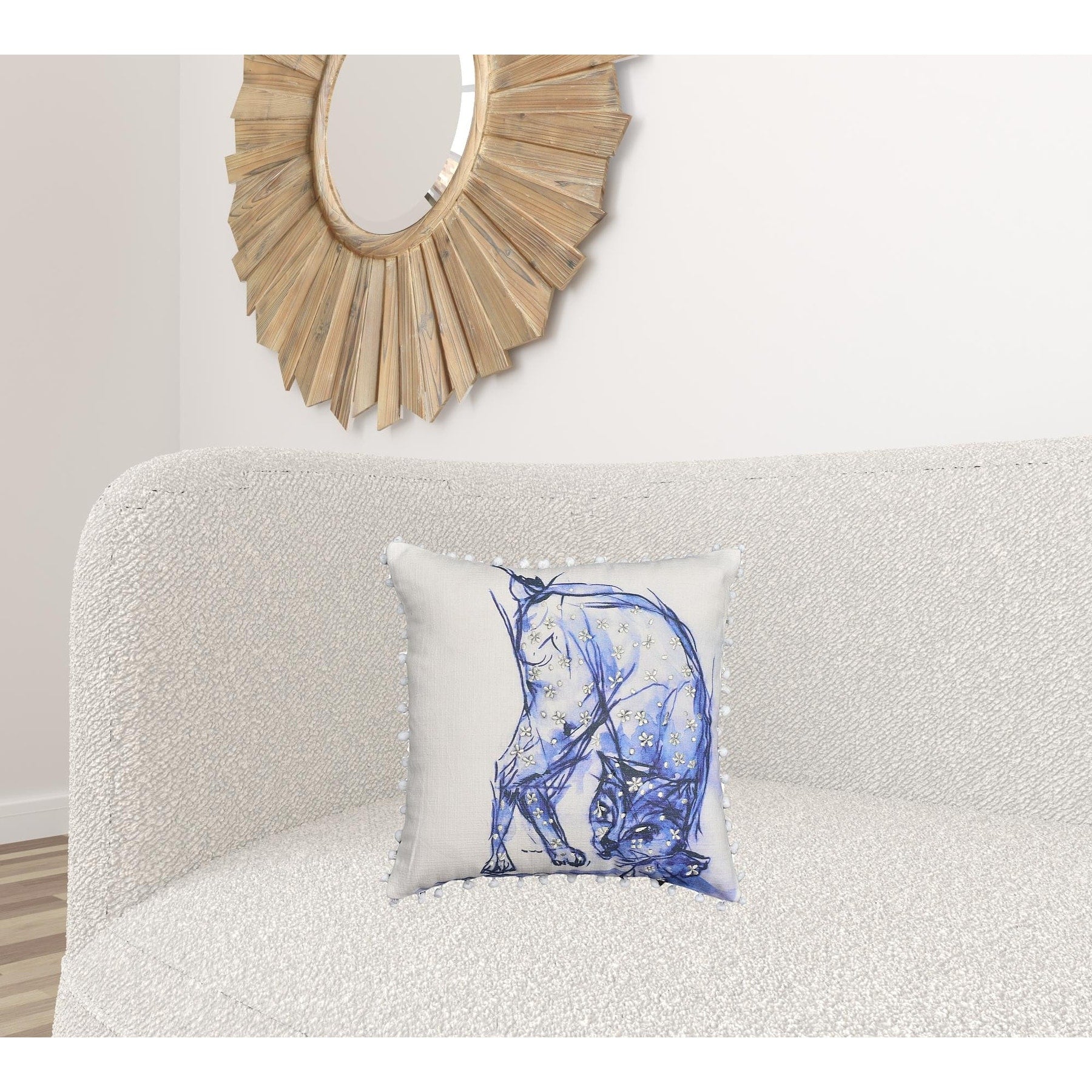 18 X 18 Blue And White Abstract Cat Throw Pillow With Pom Poms