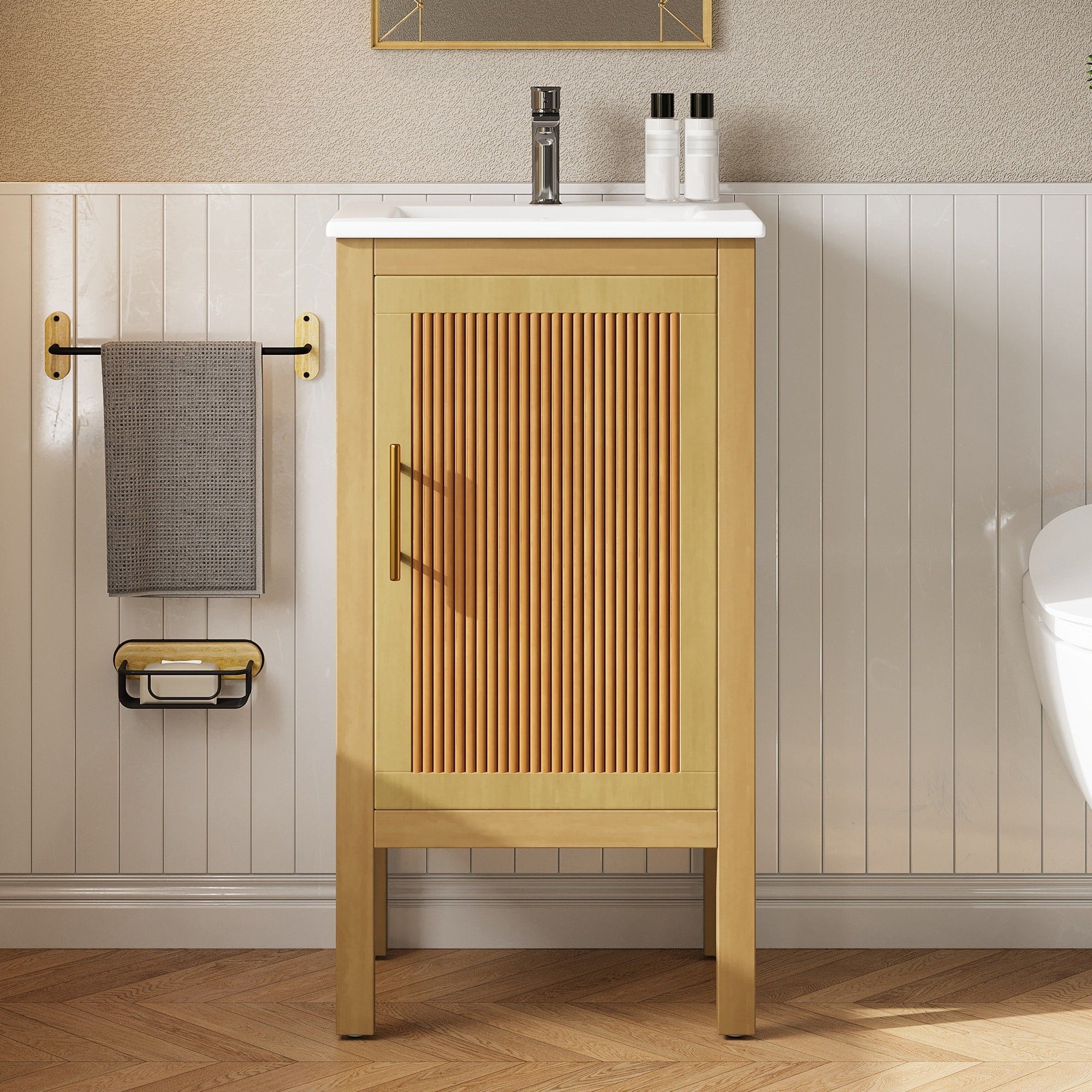 18 Inch Bathroom Cabinet With Storage Small Space Solution With Ceramic Sink Adjustable Shelf Soft Closing Hinges