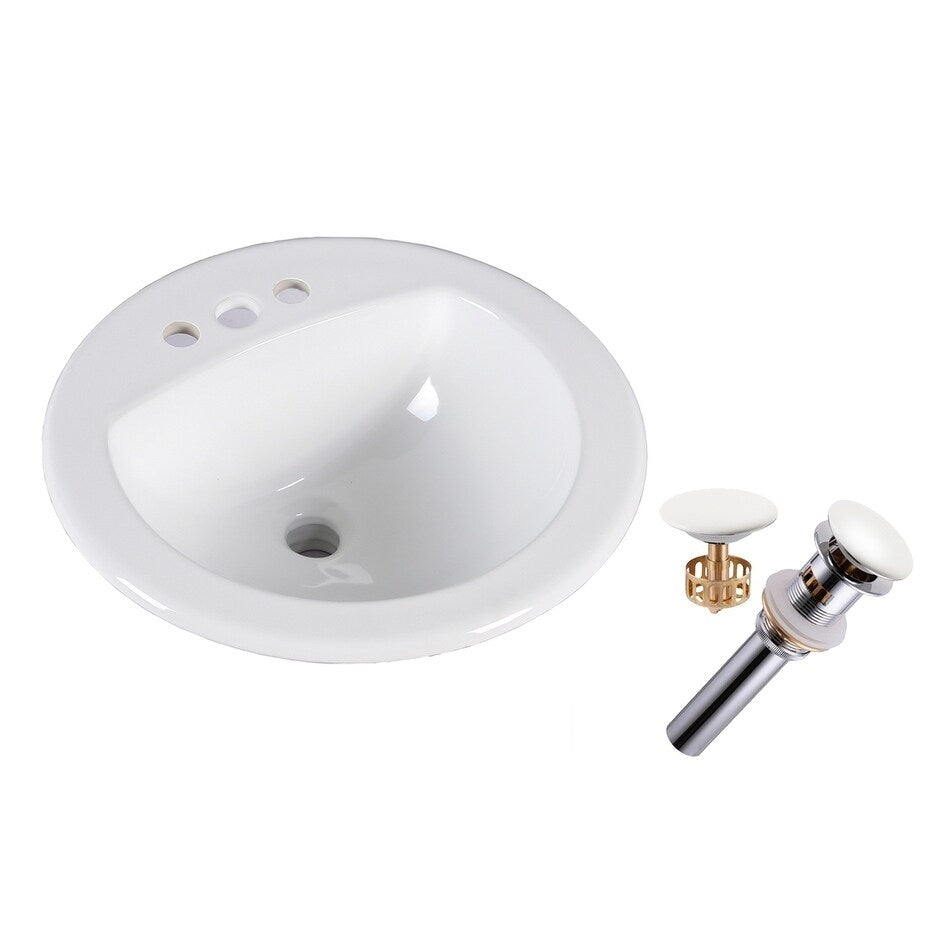19 Inch Round Topmount Drop In Glazed Ceramic Lavatory Vanity Bathroom Sink Pure White W Ceramic Pop Up Drain