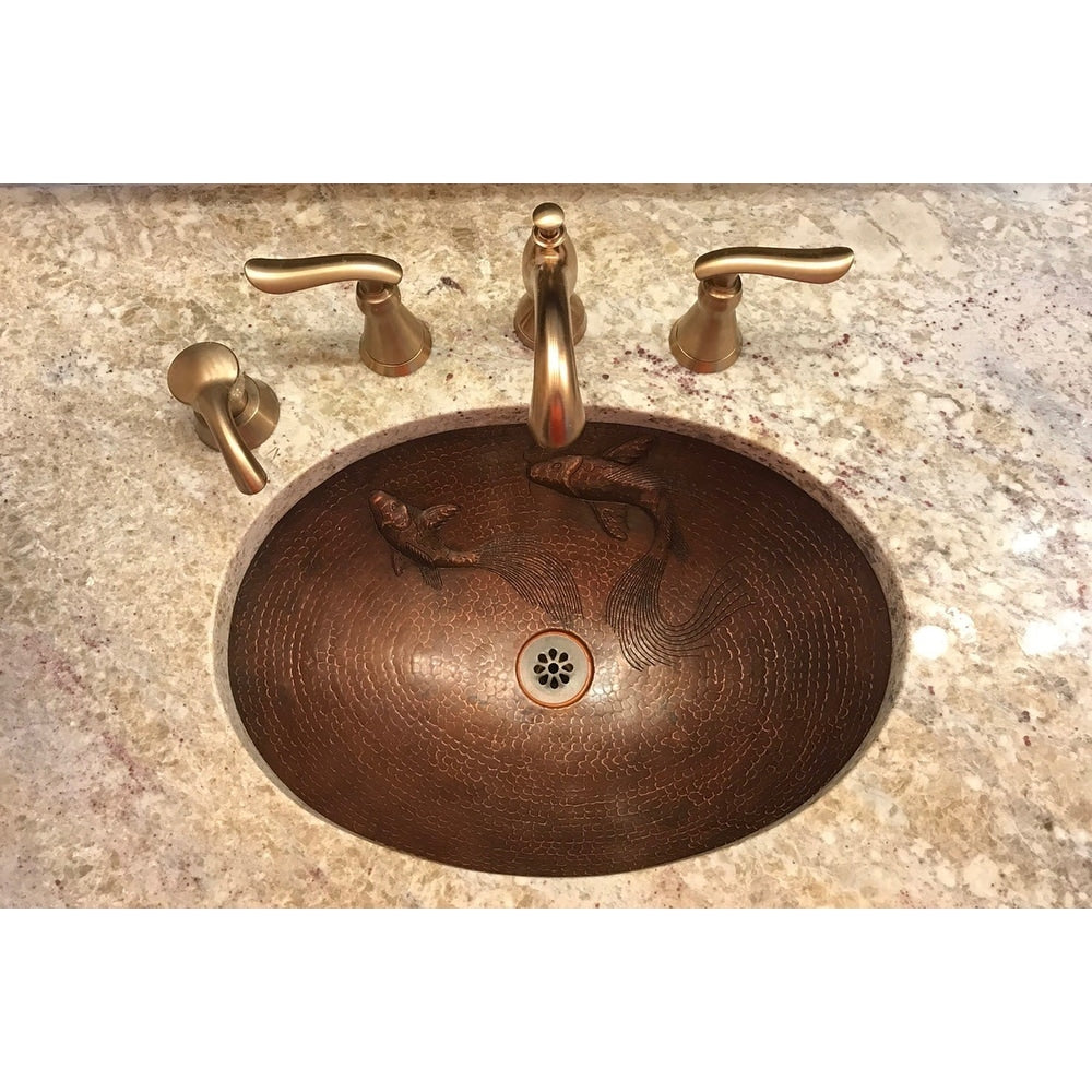 Oval Under Counter Hammered Copper Bathroom Sink With Koi Fish Design