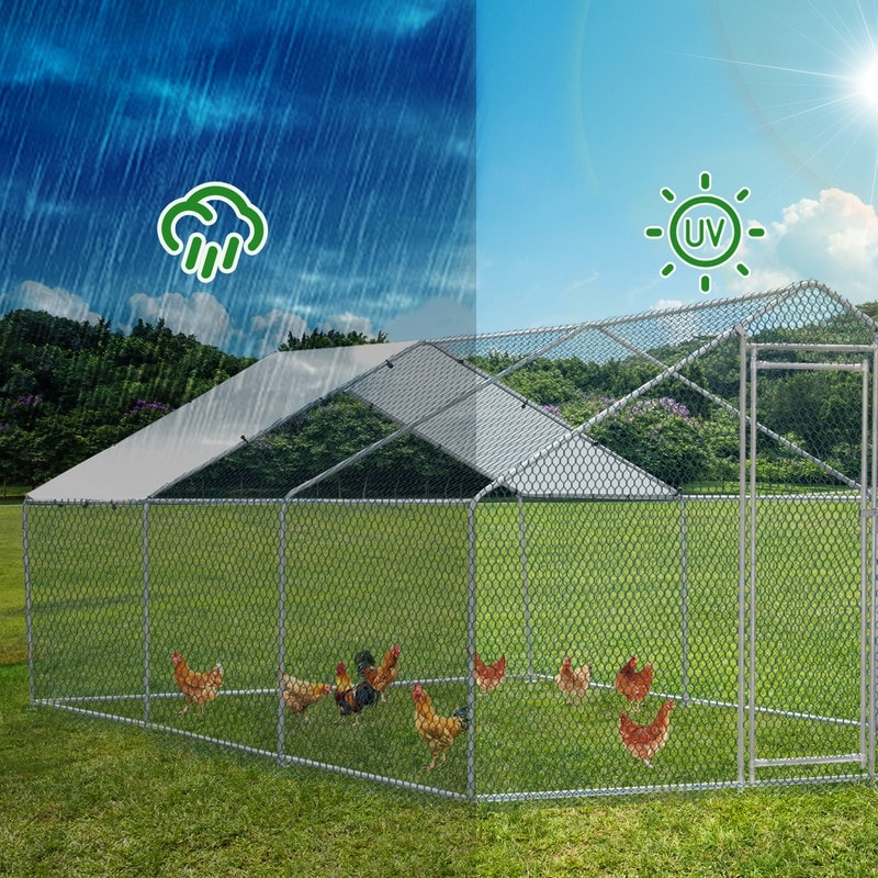 19.5X9.8X6.6Ft Metal Walking In Chicken Coop With180G Pe Weatherproof Cover Cover Silver Peaked Roof
