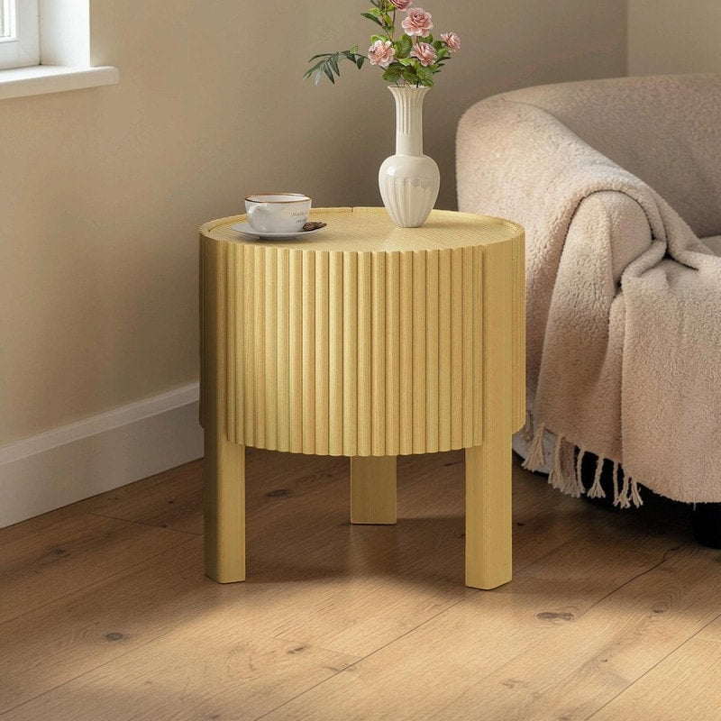 19.6 Round Fluted Side Table With Storage Solid Rubber Wood End Table With Soft Close Door