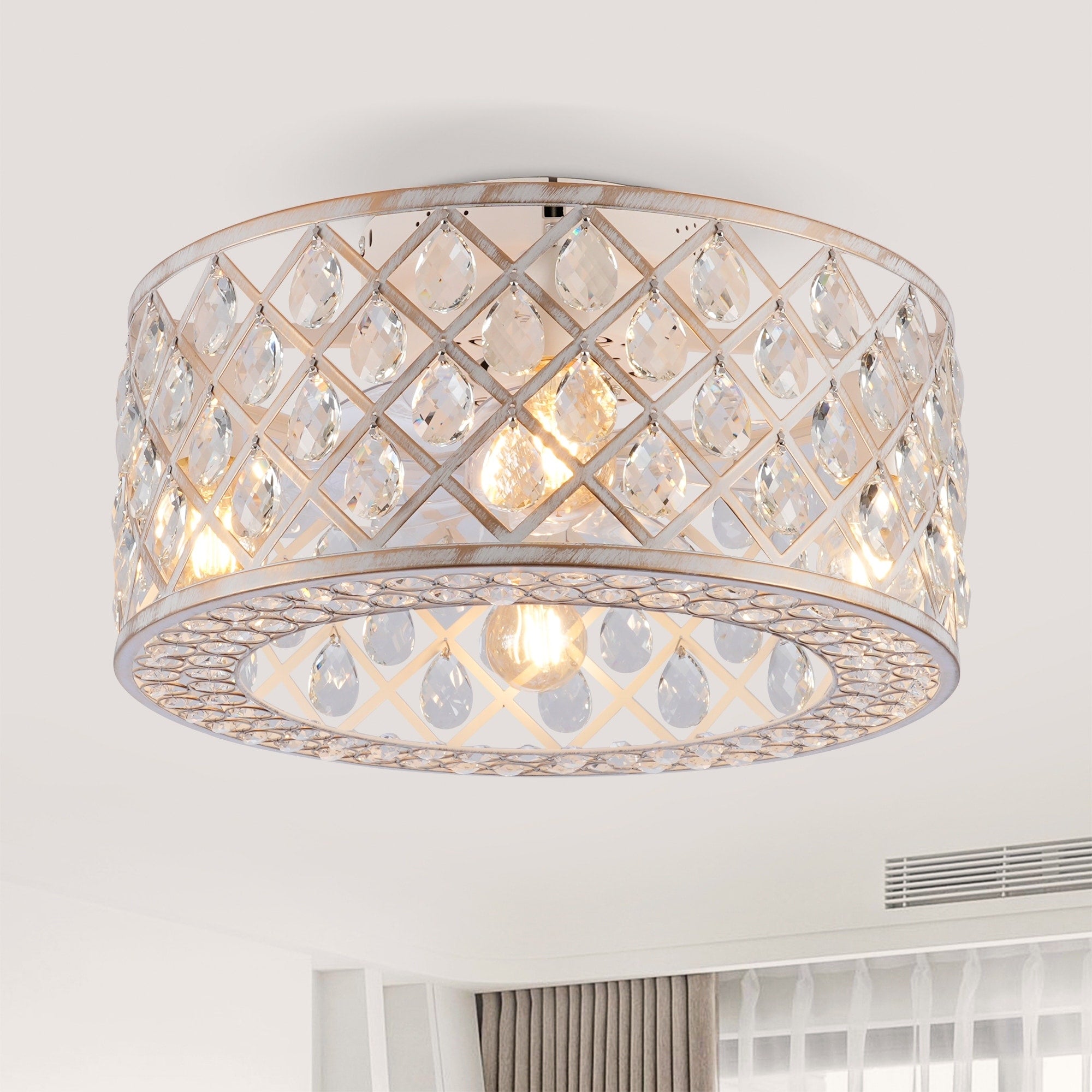 19.6 Modern Crystal Flush Mount Ceiling Fan With Light And Remote Glam Caged Chandelier Fan 6 Speeds Ceiling Fan For Bedroom