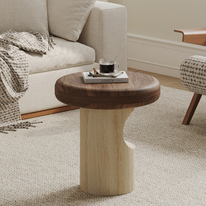 19.7 Round Dual Wood Coffee Table Walnut Light Wood Mid Century Modern Center Table For Living Room