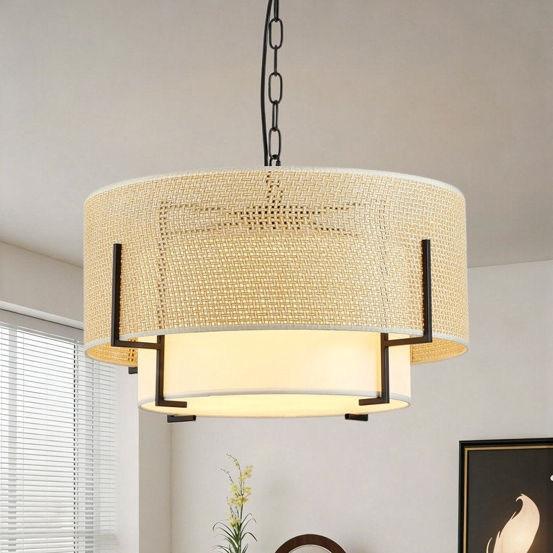 19.7 Farmhouse Chandelier 4 Light Rattan Pendant Light With Fabric Shade Drum Ceiling Light Fixture For Dining Room