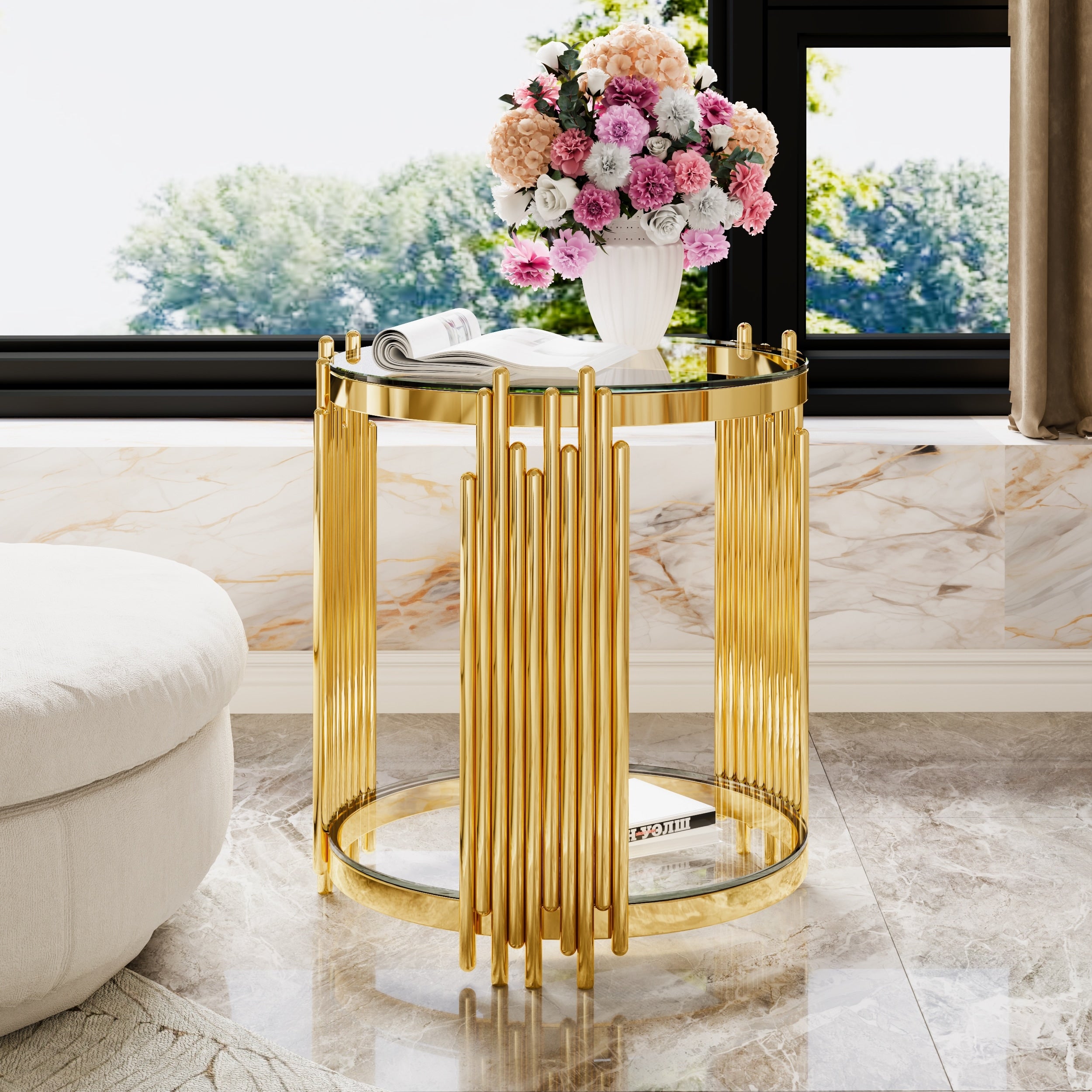 19.8 Modern Transparent Glass End Table For Living Room Round Asymmetrical Metal Gold Finish Lower Shelf