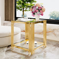 19.9 Modern Transparent Glass End Table For Living Room Square Asymmetrical Metal Gold Finish Lower Shelf