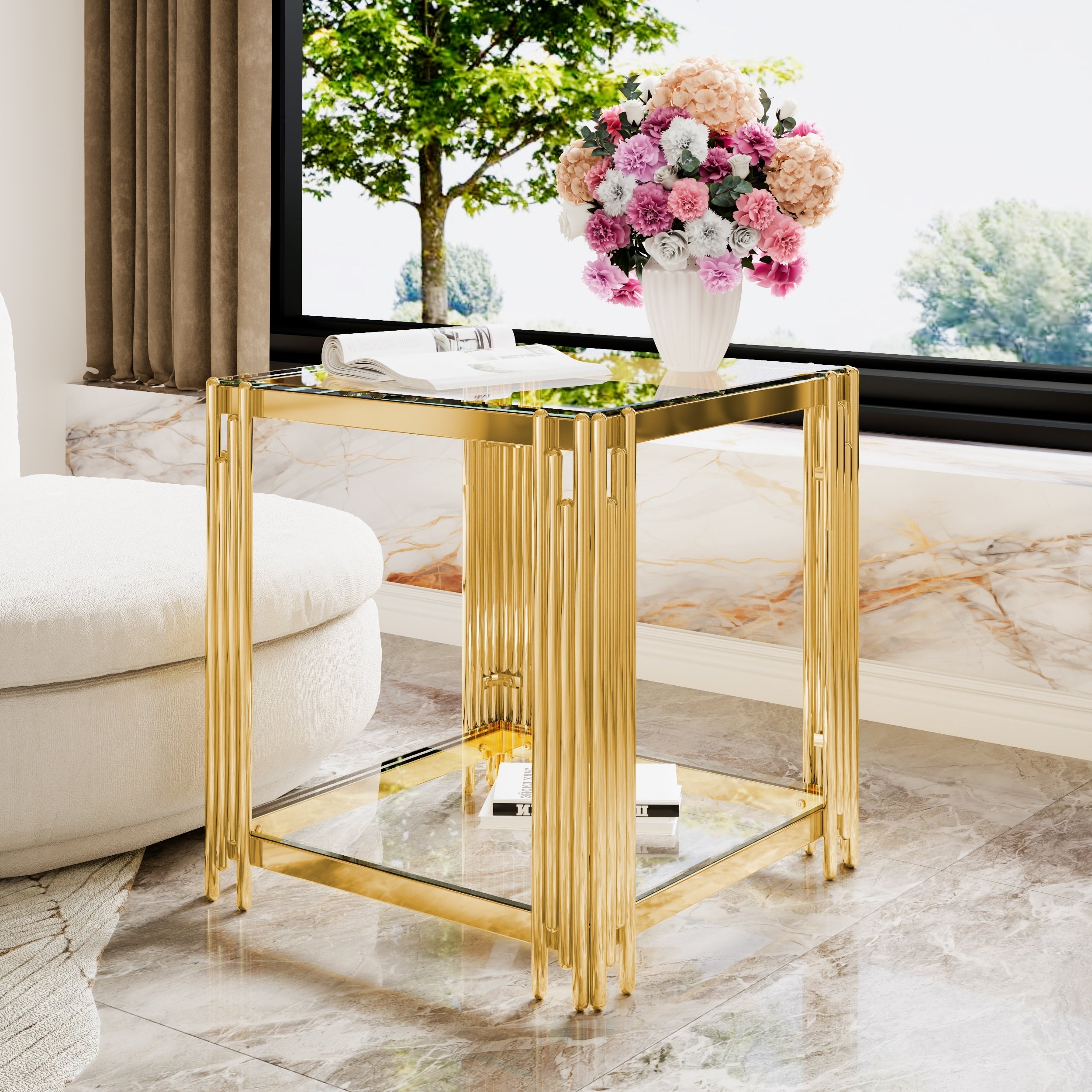 19.9 Modern Transparent Glass End Table For Living Room Square Asymmetrical Metal Gold Finish Lower Shelf