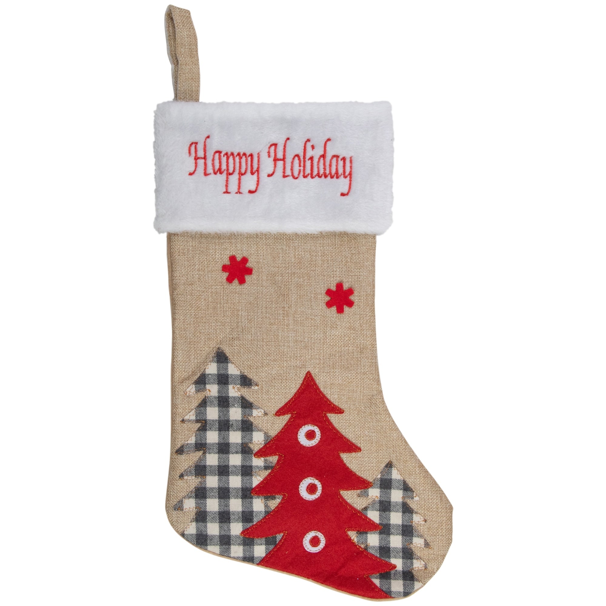 19 Beige And Red Burlap Happy Holidays Forest Trees Christmas Stocking