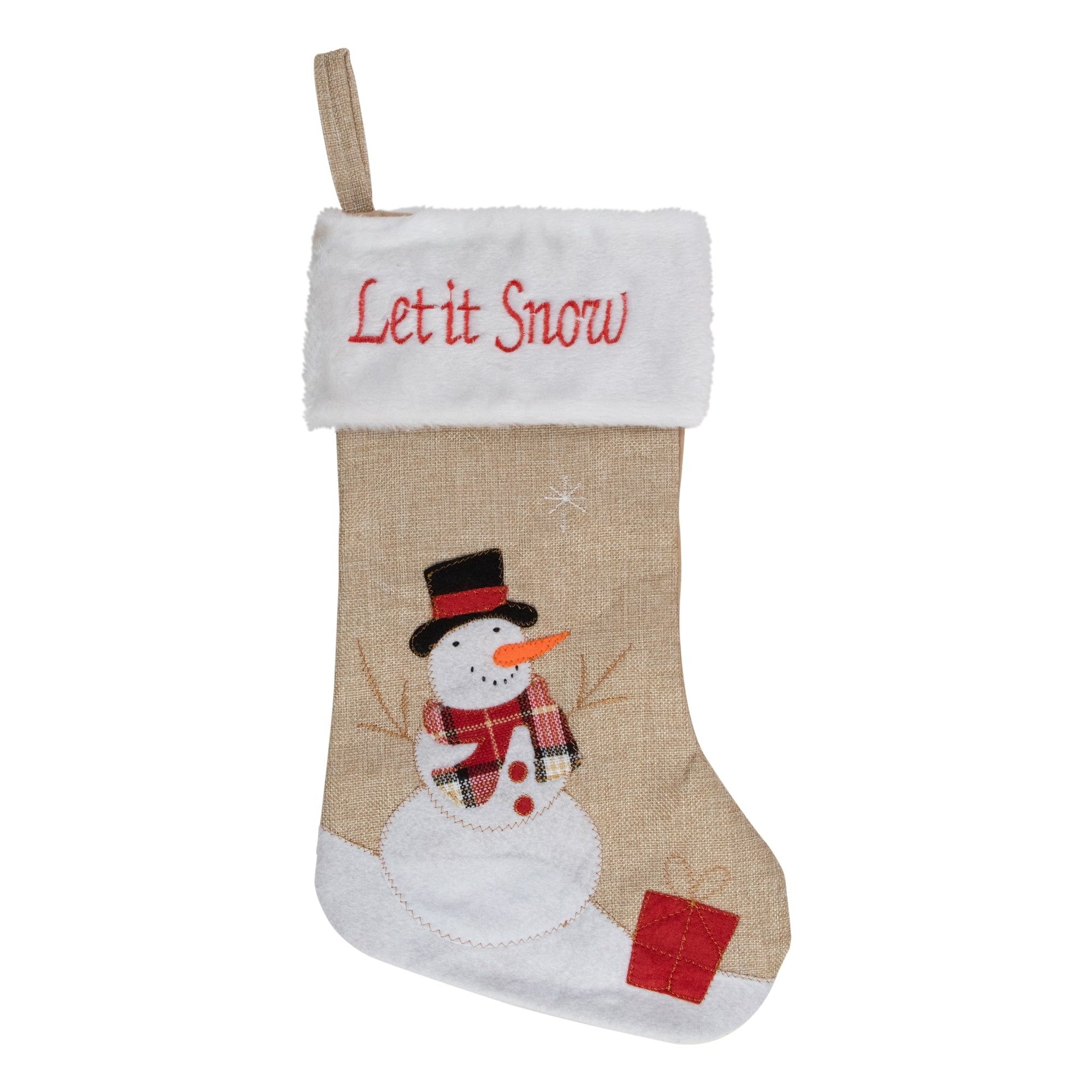 19 Beige And Red Burlap Let It Snow Snowman Christmas Stocking
