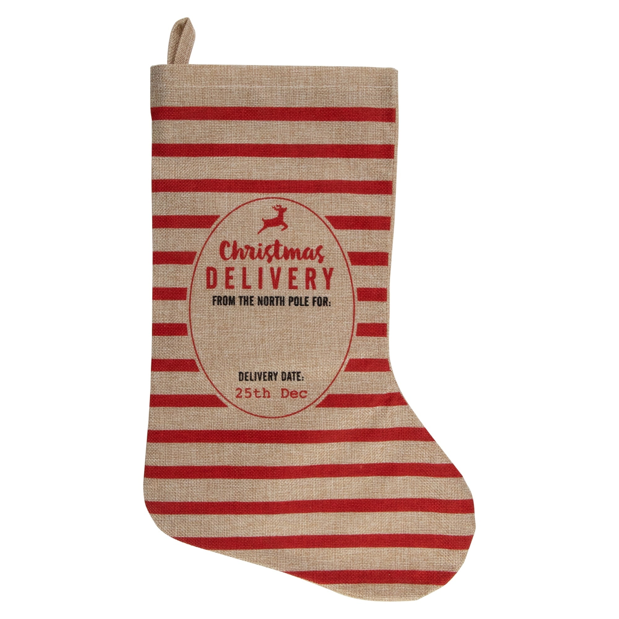 19 Beige And Red Striped Christmas Delivery Stocking With Loop