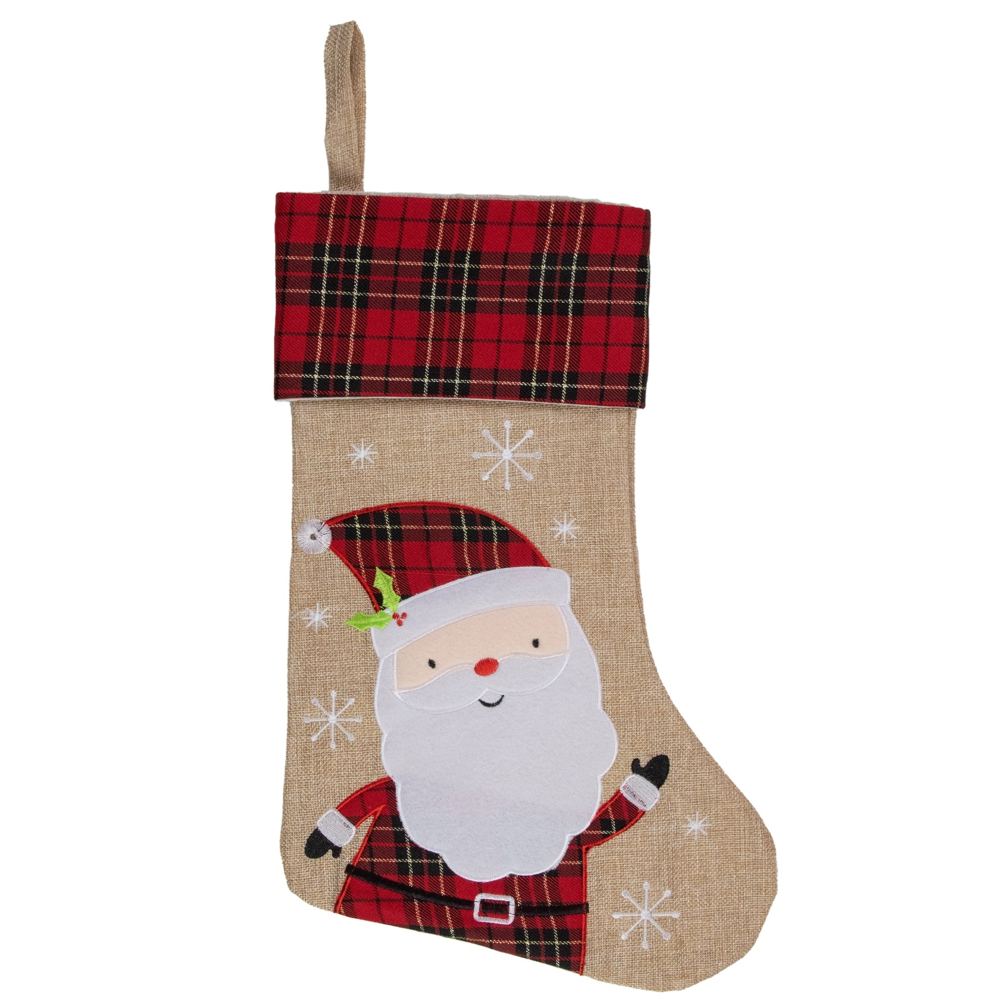19 Burlap Plaid Whimsical Santa Waiving Christmas Stocking