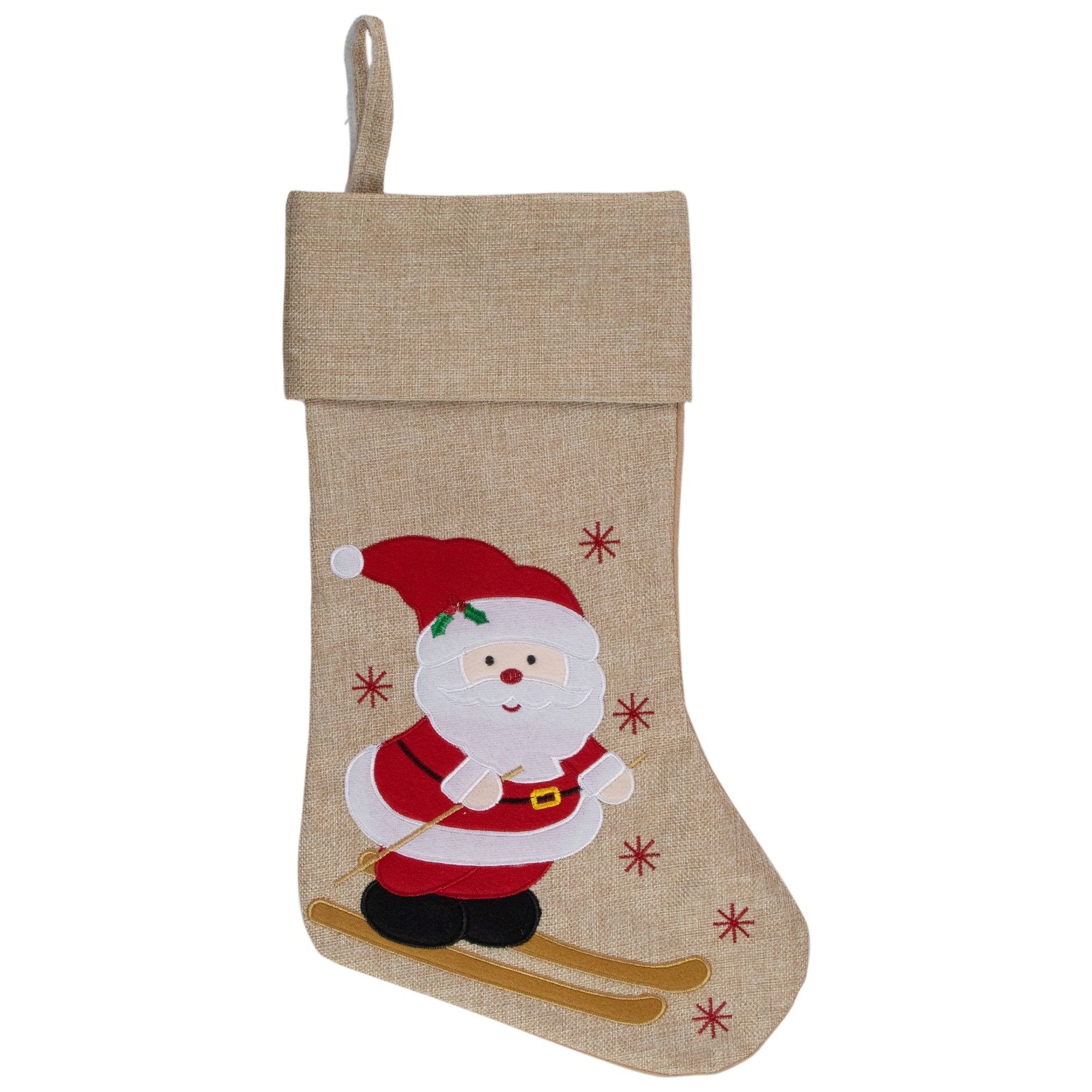 19 Burlap Skiing Santa With Poles And Snowflakes Christmas Stocking