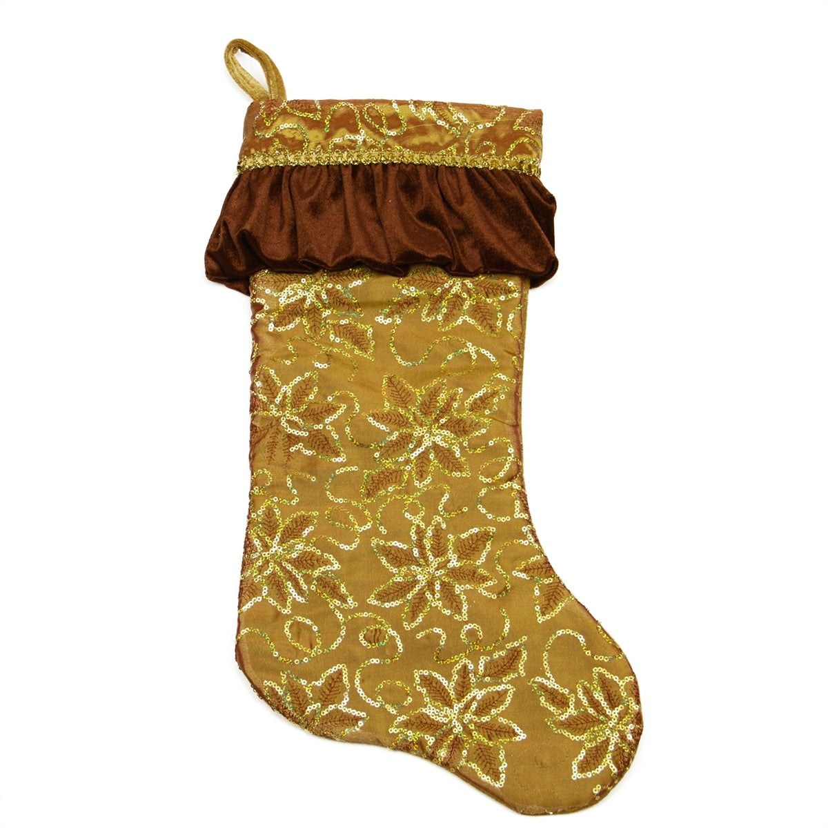 19 Gold Sequined Floral Christmas Stocking With Venetian Style Ruffle Cuff